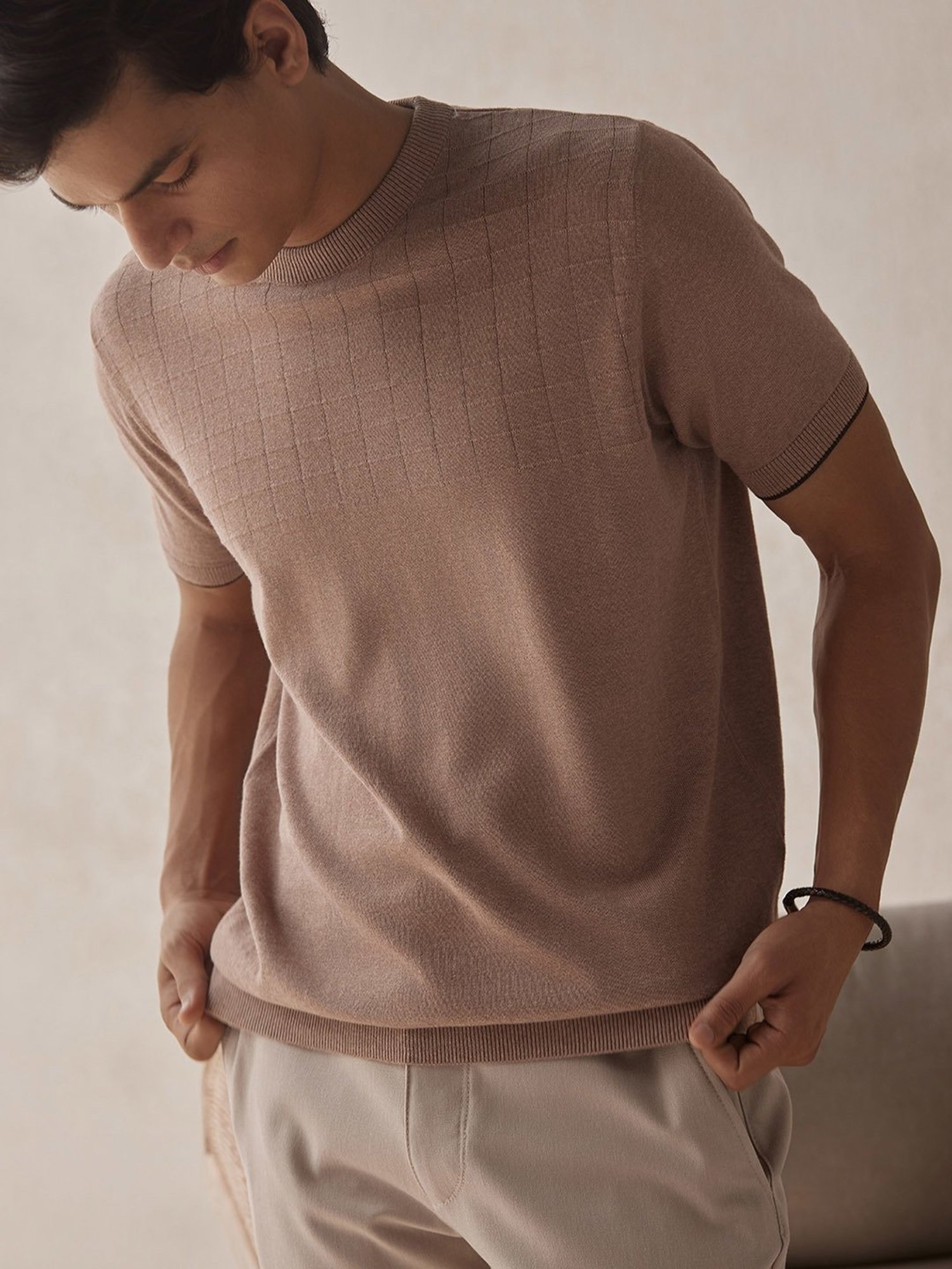 ANDAMEN Brown Regular Fit Textured Cotton Crew T-Shirt