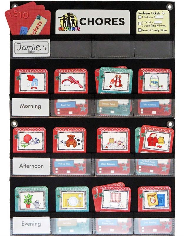 NEATLINGS Chore System - Chore Chart for Kids | 80+ Chores for Toddlers to Teens | Customize for 1 Child | Size 18&rdquo;x12.5&rdquo; | Teal Household Chore Cards/Red Self-Care Chore Cards