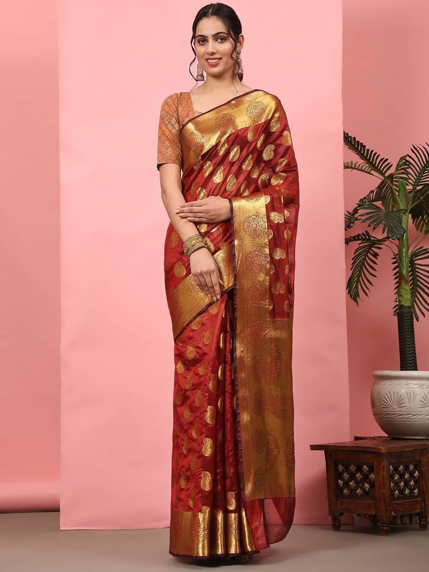 Silk Land Banarasi Silk Maroon Woven Saree With Blouse
