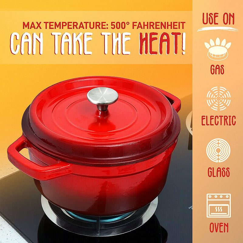 NutriChef NCCIEC45 5 Quart Non Stick Porcelain Enameled Round Cast Iron Dutch Oven with Self Basting Lid and Handles, Red (2 Pack)