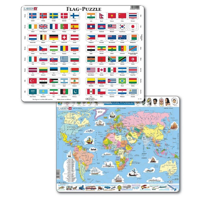 Larsen Puzzles World Map & Flags Kids Puzzle Set - 2pk