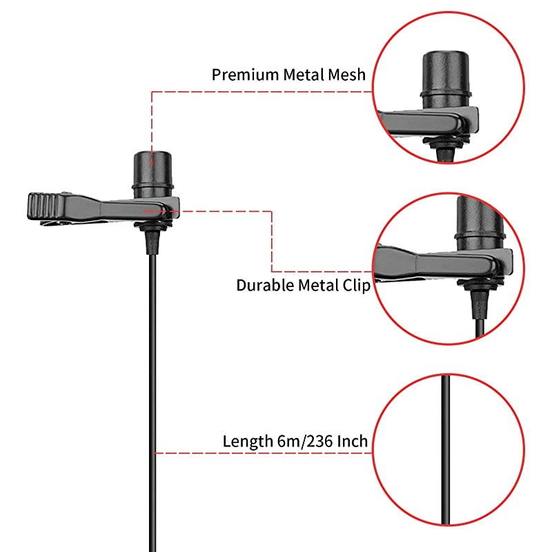 19 Feet Lavalier Microphone for Canon iPhone Podcast,  Omnidirectional Condenser Recording Mic for Nikon Sony iPhone 8 8 plus 7 6 6s Plus DSLR Camcorder Audio Recorder Youtube Interview Video