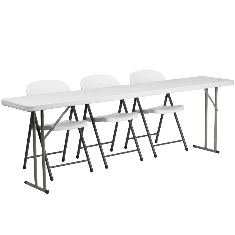 Emma and Oliver 8-Foot Plastic Folding Training Table Set with 3 White Plastic Folding Chairs