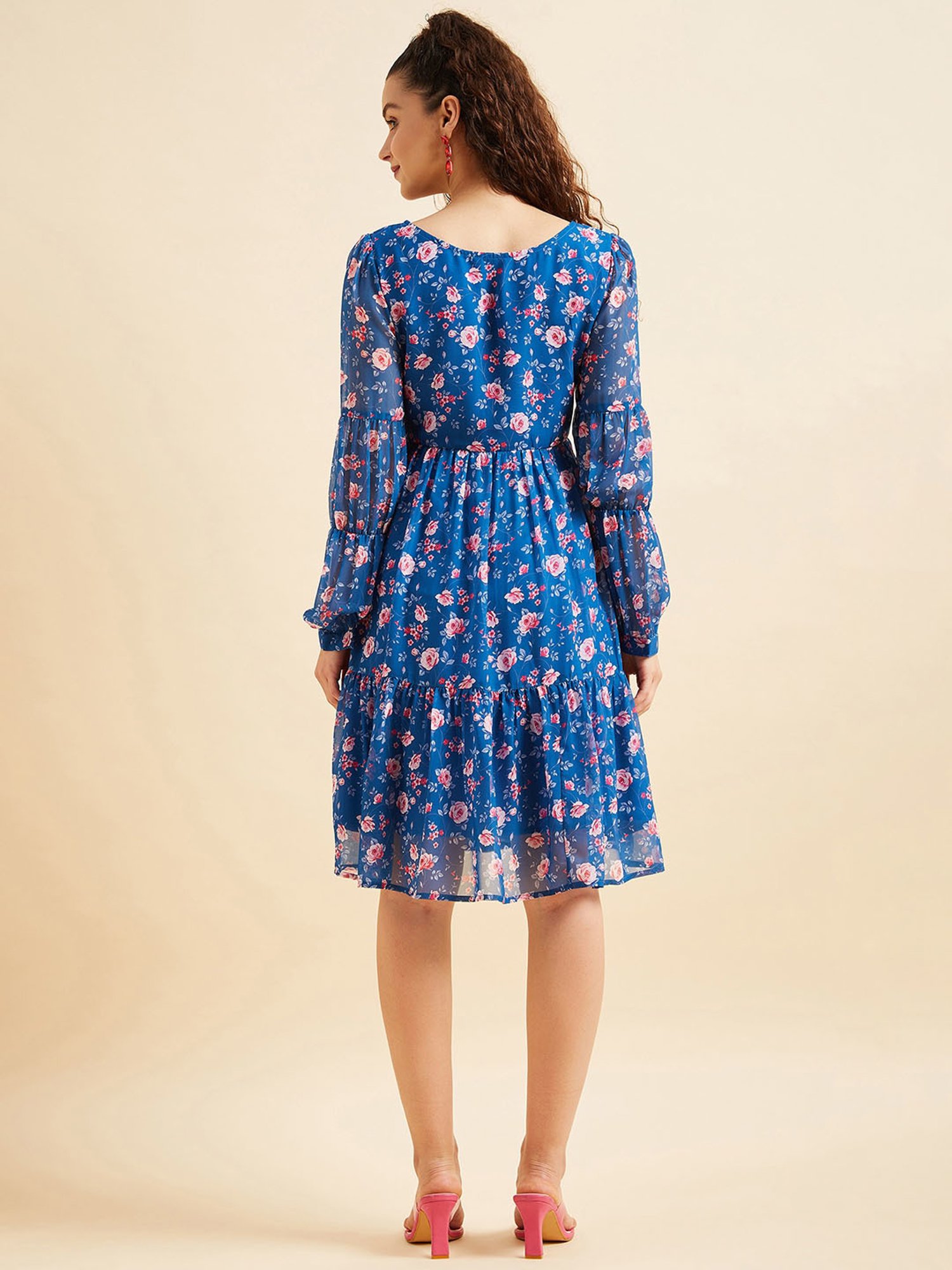 PANIT Blue Floral Print Ethnic Dress