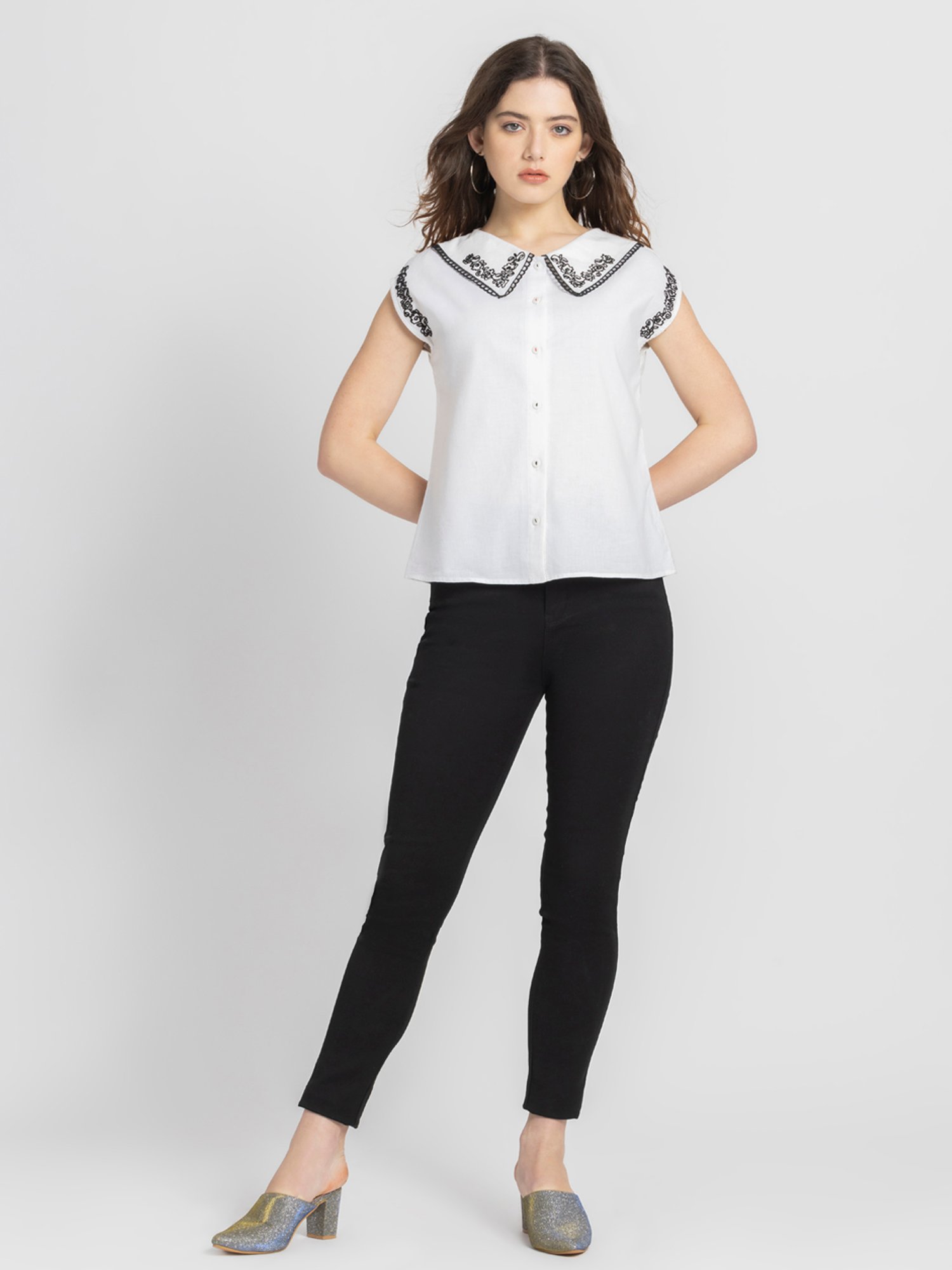 SHAYE White & Black Cotton Embroidered Top