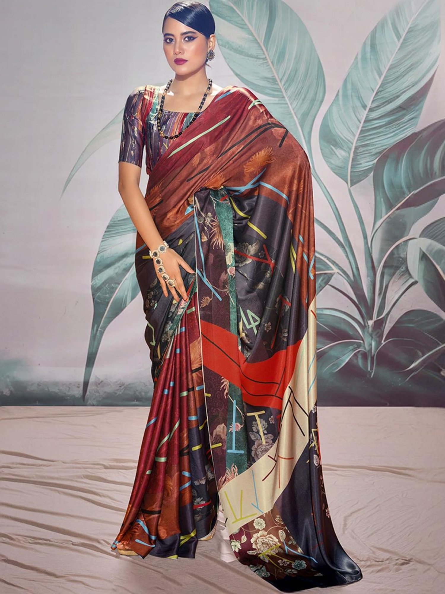 Satrani Multicolored Floral Print Saree With Unstitched Blouse