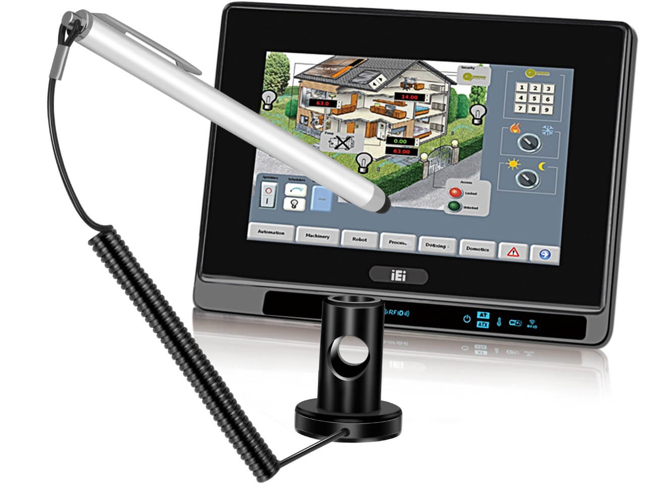 Stylus with chain and holder for touchscreens, capacitive screen device stylus, high reliability touchscreen pen. Sensitivity of the pen is ensured by the use of low-impedance materials