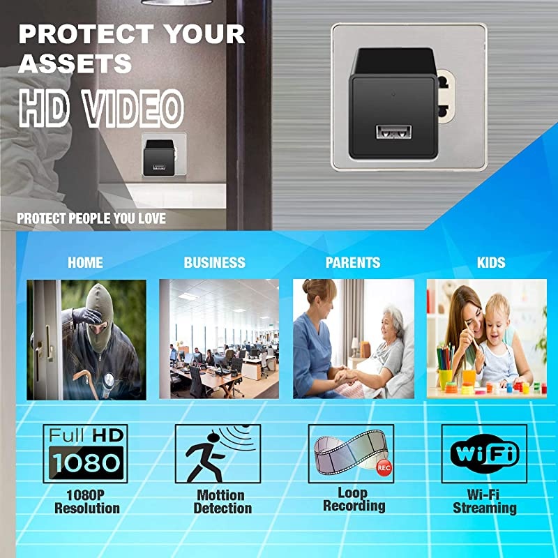 Spy camera USB Phone charger by  -1080p HD hidden camera, WIFI Wireless wall plug USB Charger [Motion Detection, AC Adapter, Remote App Control] Nanny camera |Home, Kids, Baby, Pet monitoring cam