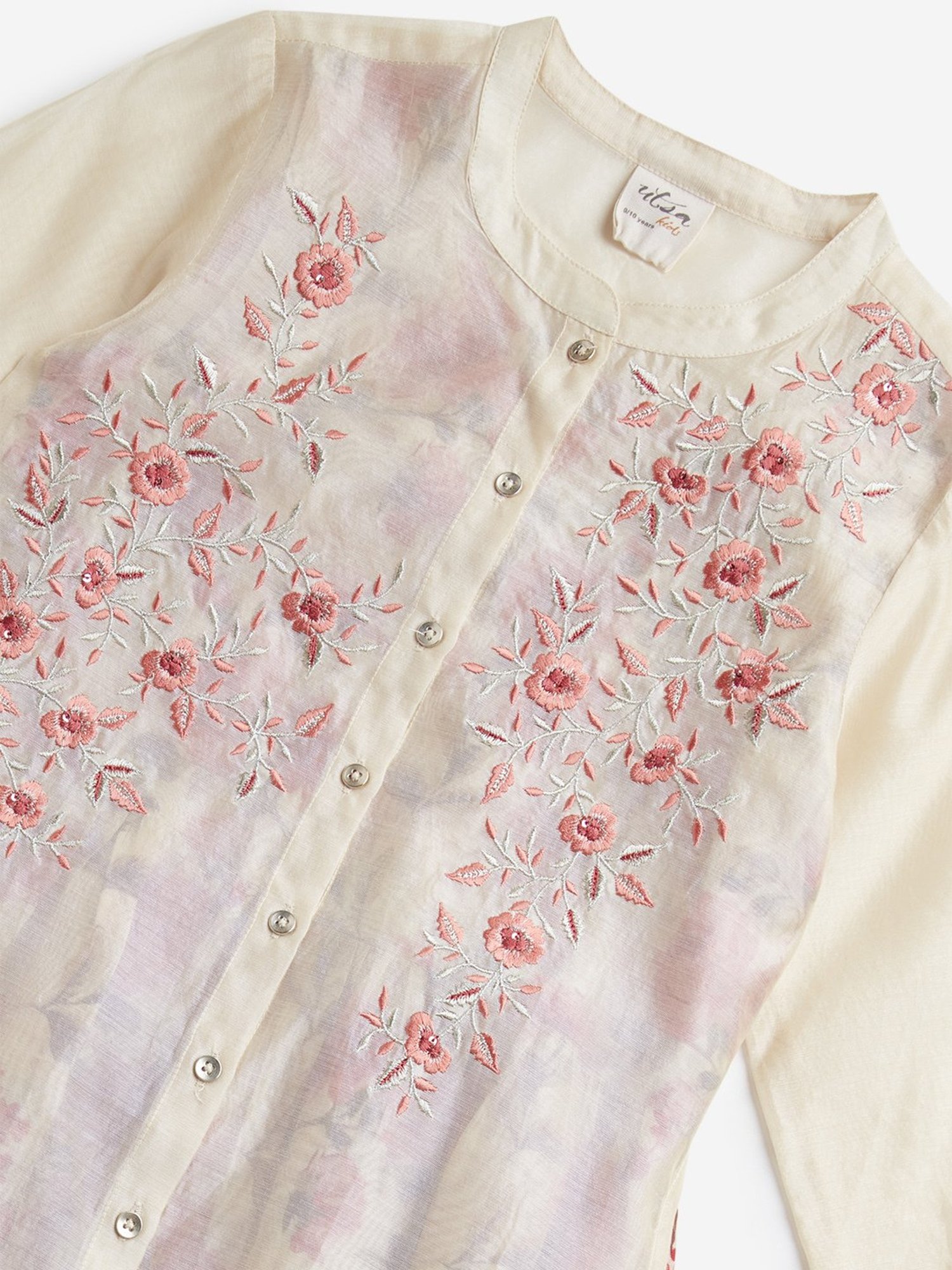 Utsa Kids by Westside Ivory Floral Embroidery Straight Kurta with Inner