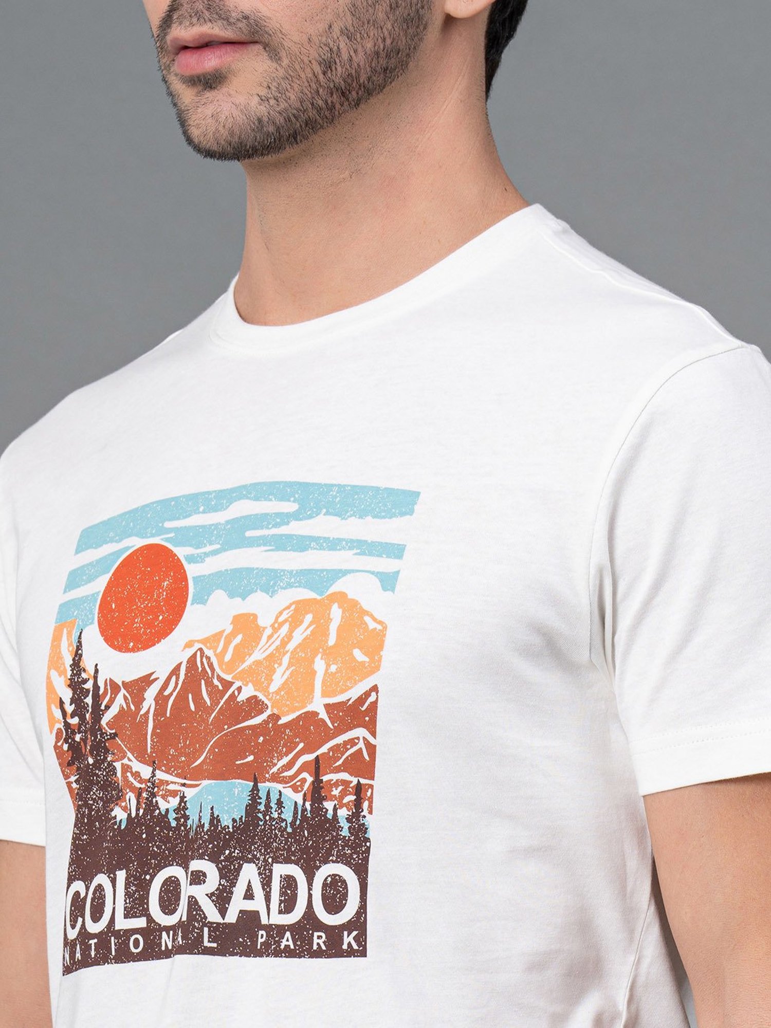 Red Tape White Regular Fit Graphic Print Cotton Crew T-Shirt