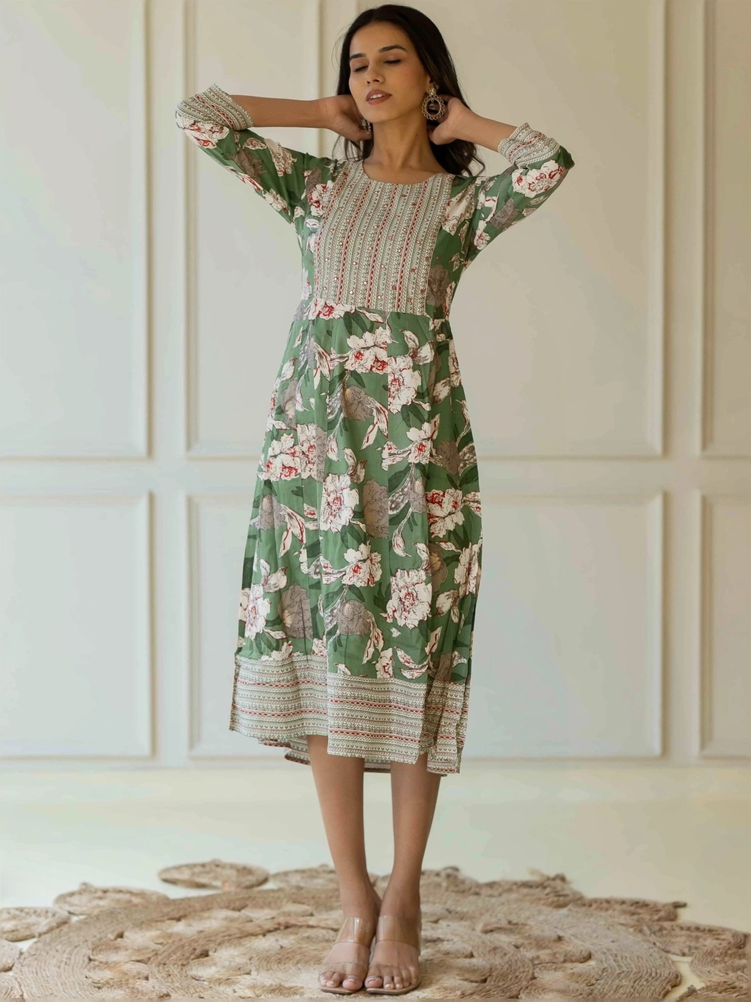 MIRCHI FASHION Green Cotton Printed A-Line Dress