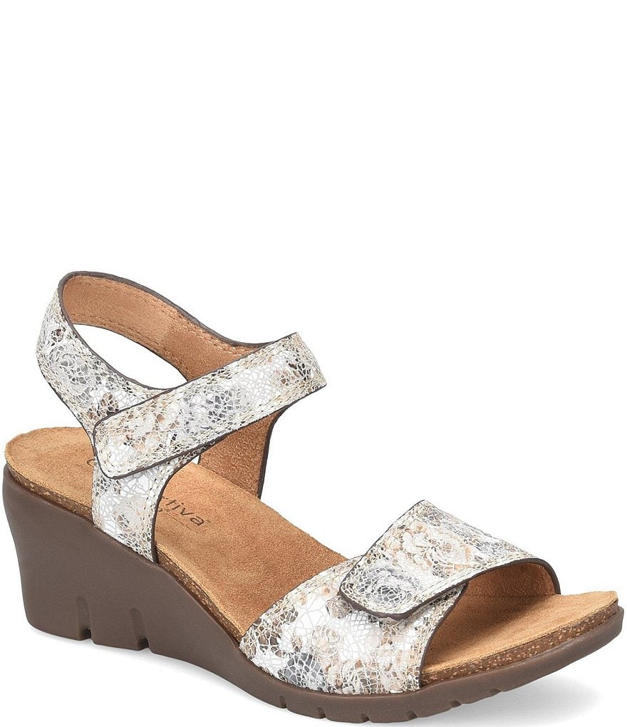 Comfortiva Abria Floral Adjustable Leather Wedge Sandals