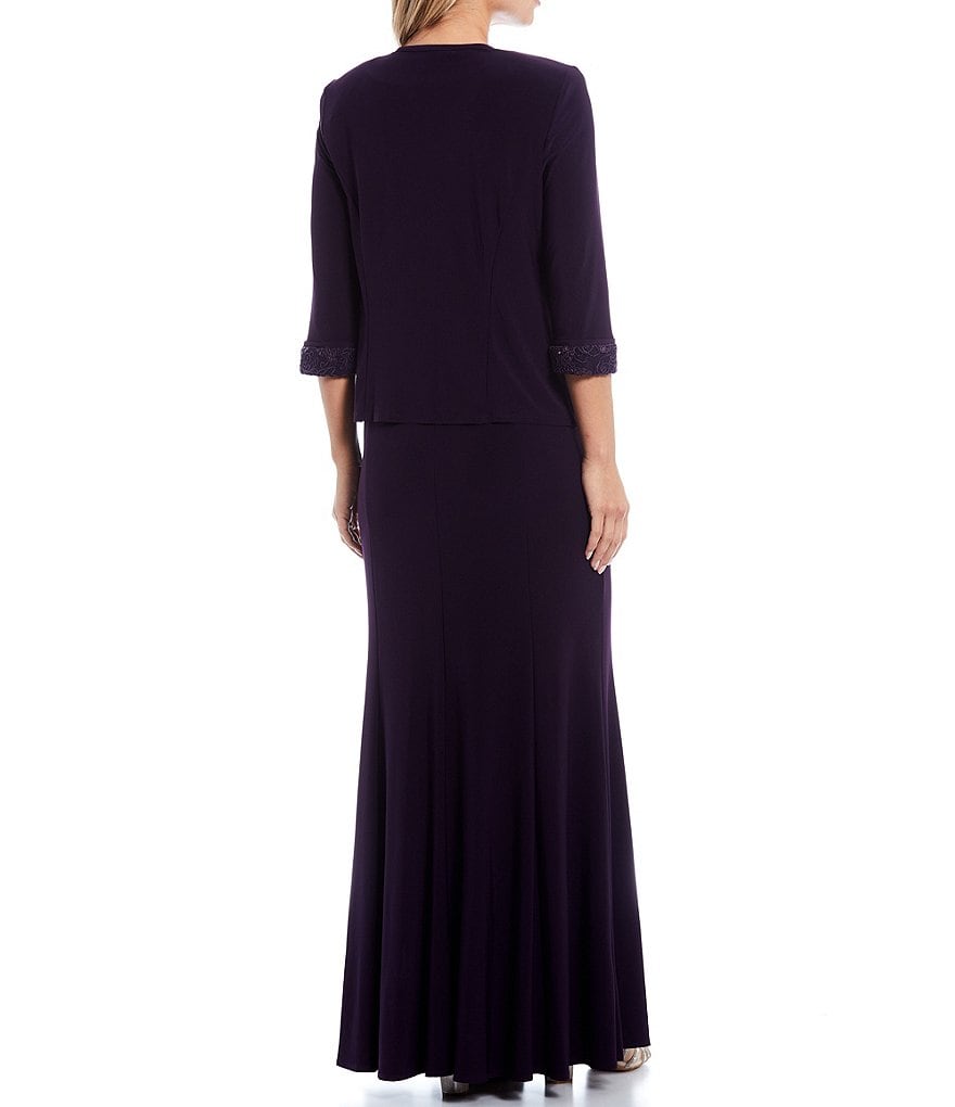 Le Bos Embroidered Jersey Jewel Neck Sleeveless Long 2-Piece Jacket Dress