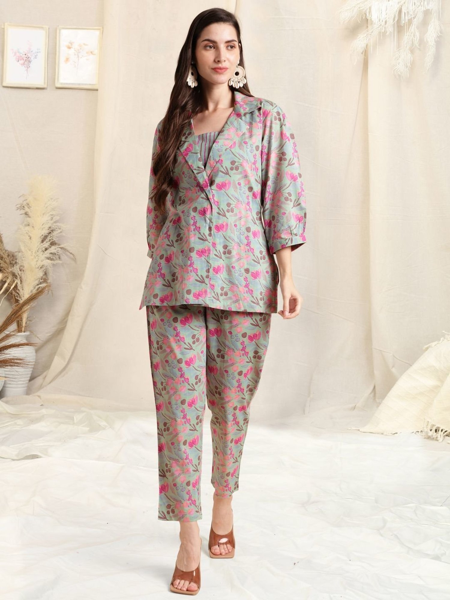 MIRCHI FASHION Sea Green Cotton Printed Top Pant Set With Jacket