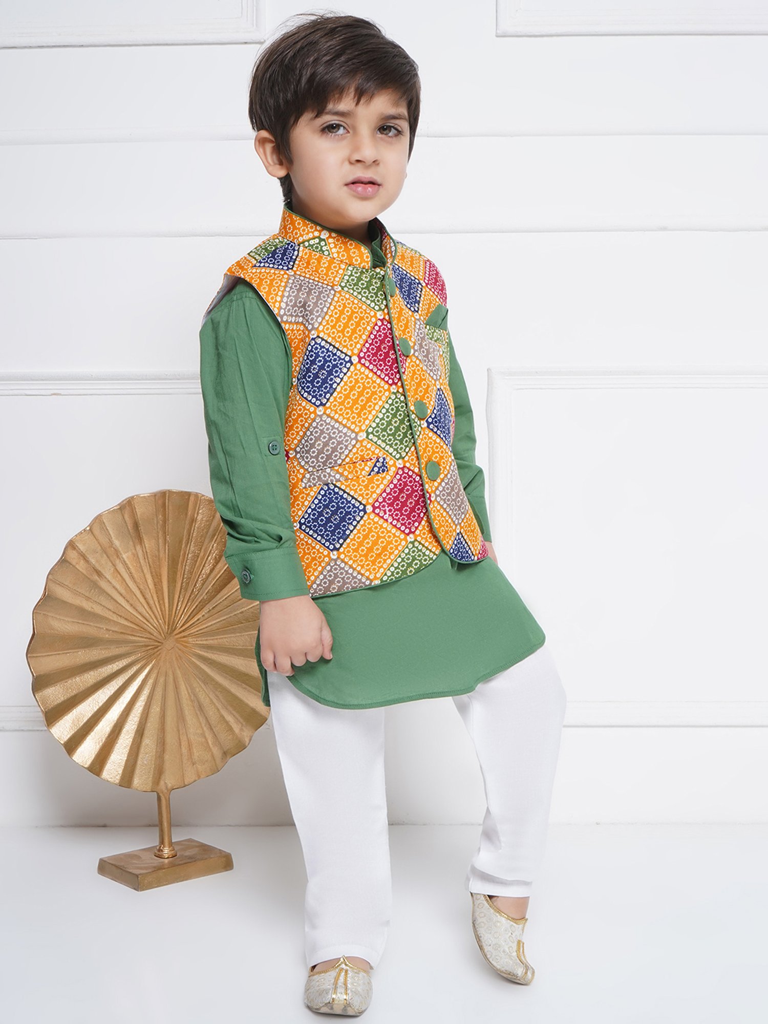 AJ Dezines Kids Multicolor Printed Full Sleeves Kurta, Pyjamas with Waistcoat