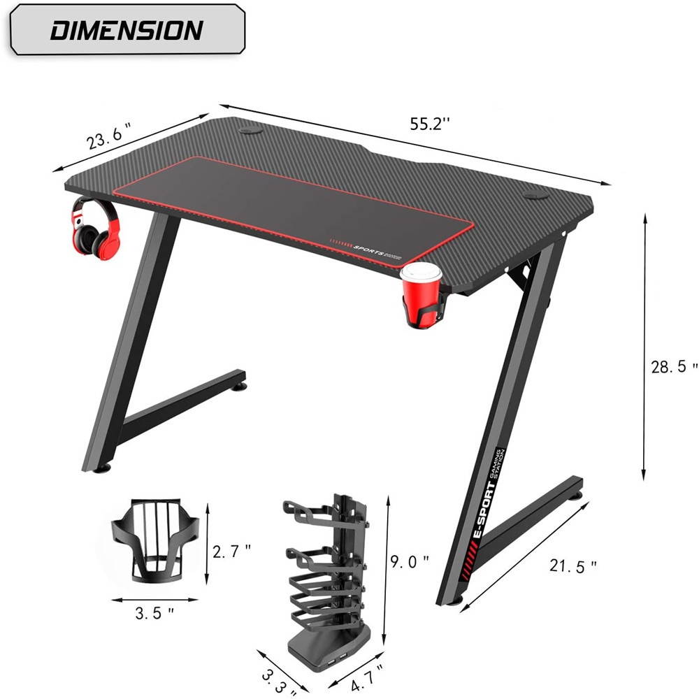 55 Inch Ergonomic Gaming Desk with Free Mouse Pad, Z-Shaped Office Desk PC Computer Desk Racing Gaming Table Gamer Workstation with Cup Holder & Headphone Hook, Cable Manage