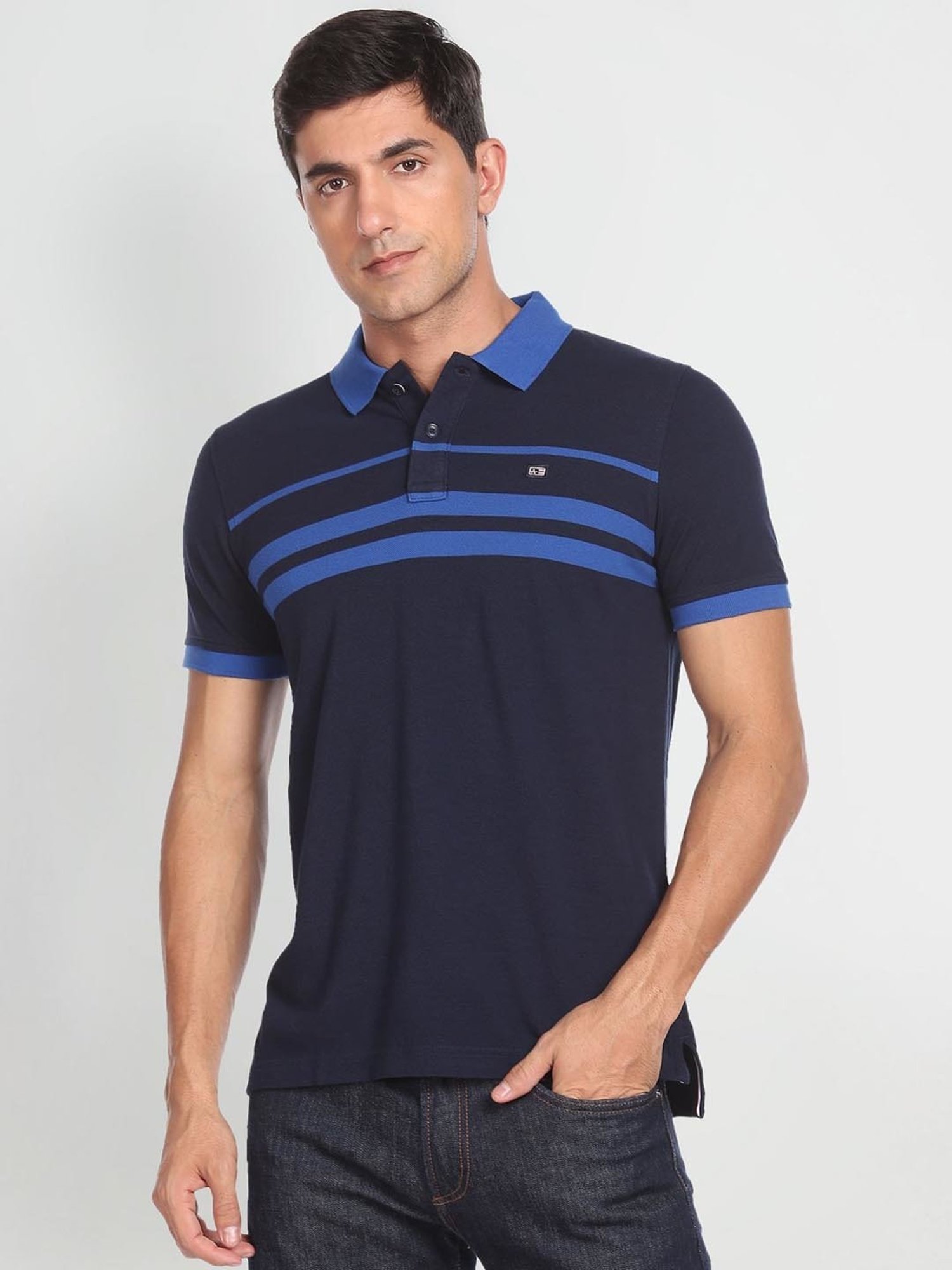 Arrow Sport Blue Cotton Regular Fit Striped Polo T-Shirt