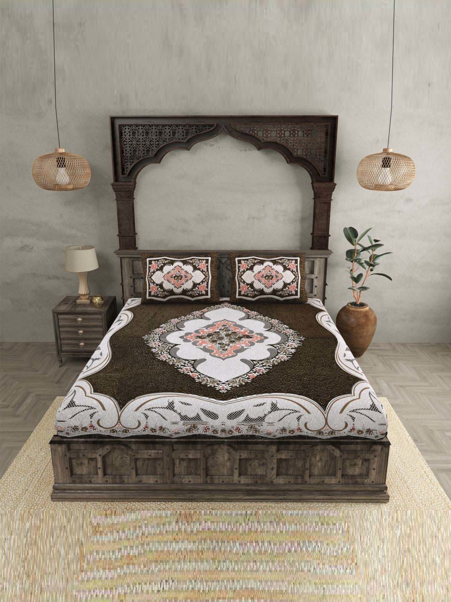 JaipurFabric Grey 240 TC 100% Cotton The Grand Sion Double Bedsheet with 2 Pillow Covers