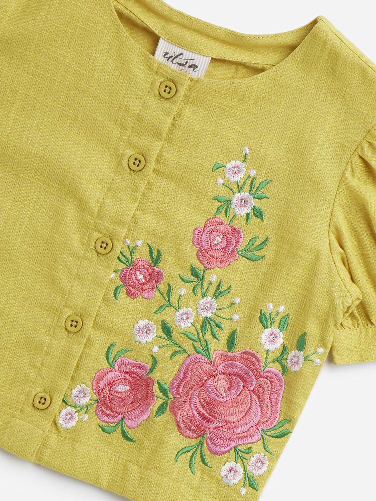 Utsa Kids by Westside Yellow Floral Embroidered Cotton Ethnic Top