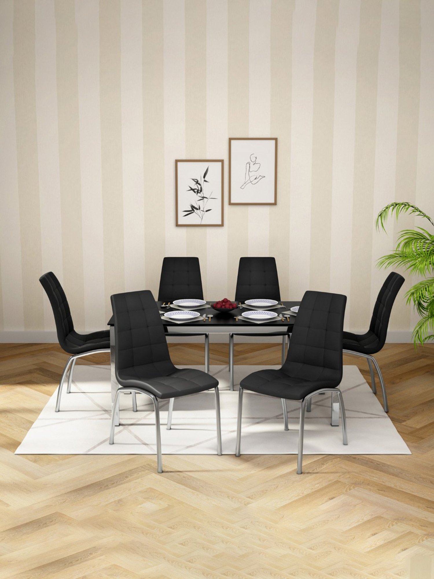 Godrej Interio Mod Knight Black & White Tempered Glass 6 Seater Rectangular Dining Table