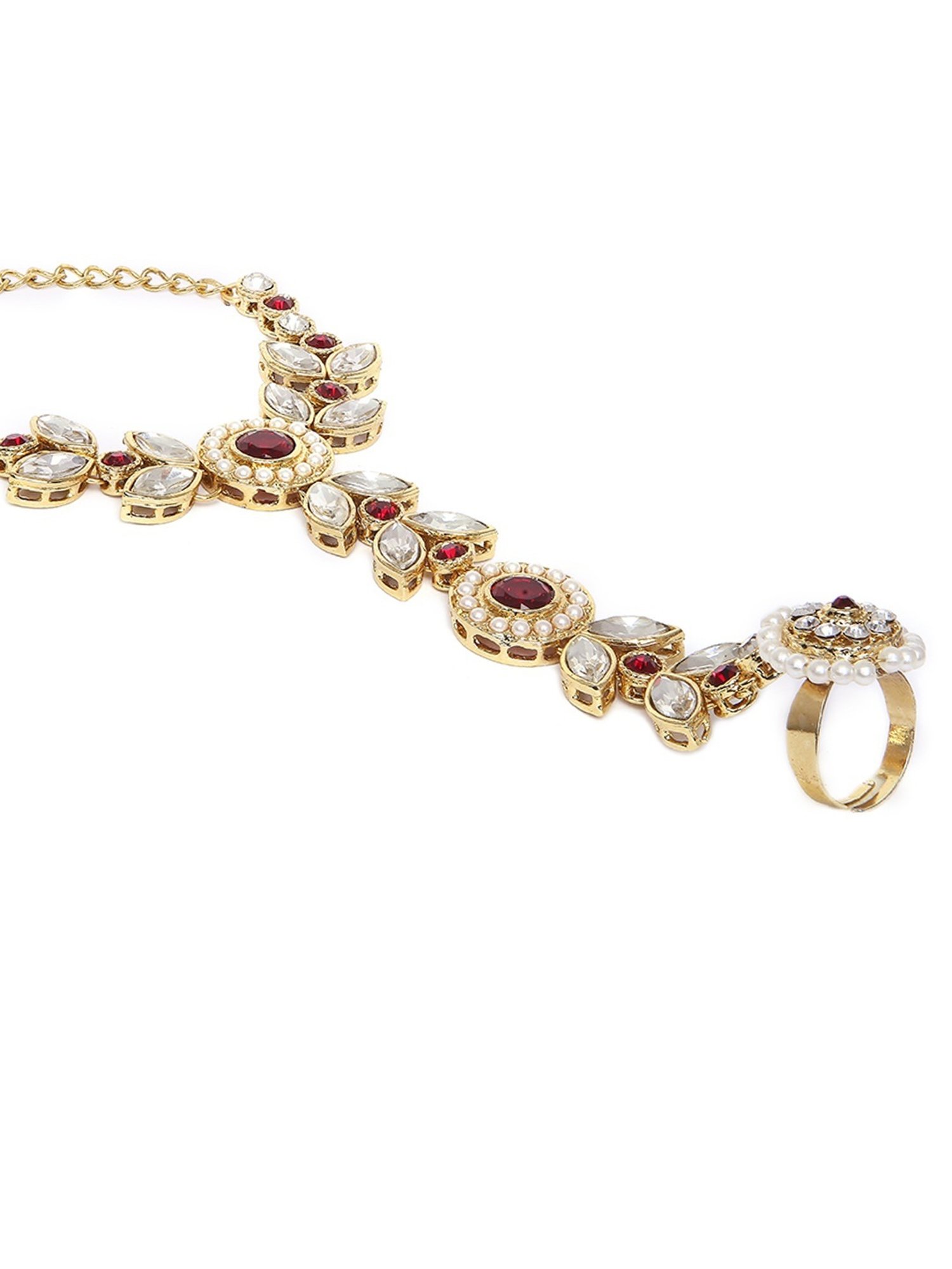 Oomph Red Stones & Kundan Ethnic Statement Hand Harness