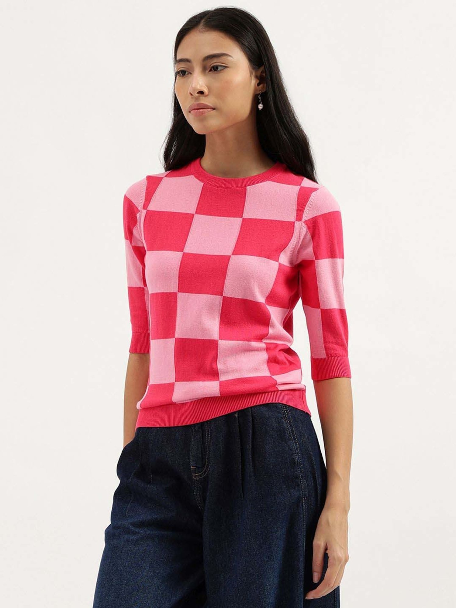 United Colors of Benetton Pink Cotton Chequered Top