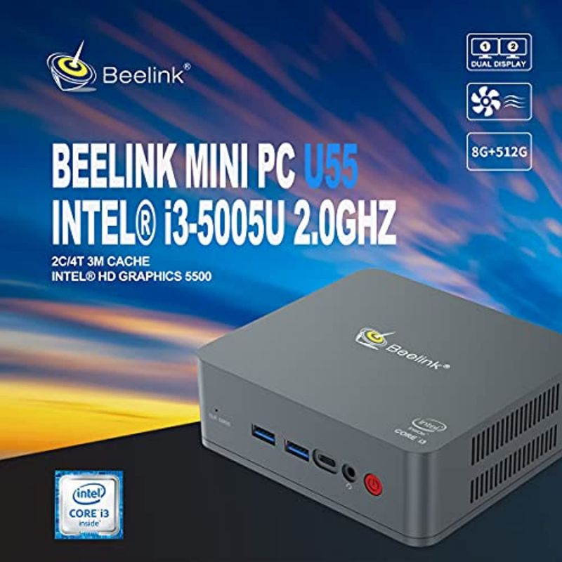 Mini PC Beelink U55 Intel core i3-5005U Windows 10 64-bit Mini Desktop Computer,Dual HDMI / 2.4G+5G WiFi/Gigabit Ethernet/Type-C Port / 4 USB Ports (U55 8+128G)