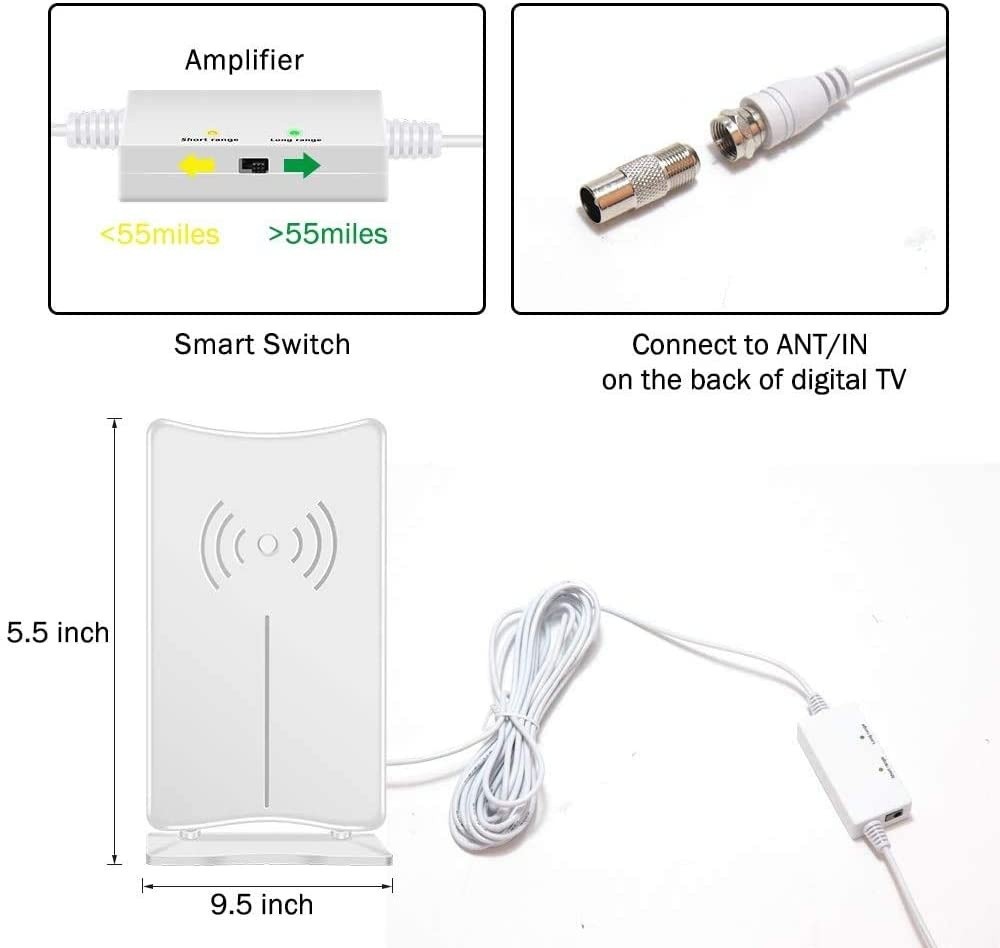 2020 Newest HD TV Antenna, FiveVG Amplified Indoor Digital HDTV Antenna 160 Miles Long Range Reception with Amplified Signal Booster, Support 4K HD UHF VHF Local Channels, Come with 16.5 ft Coax Cable