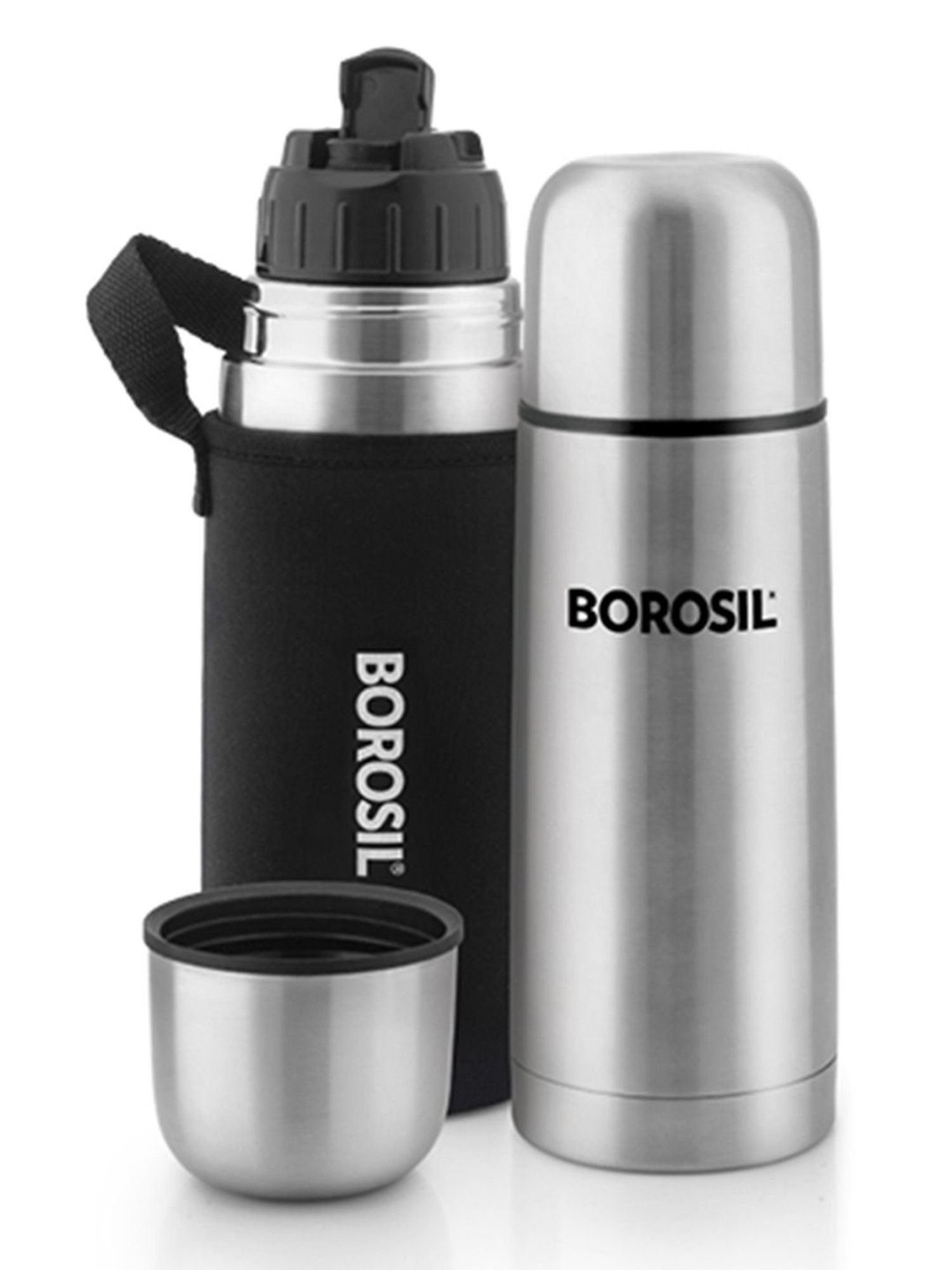 Borosil Silver Stainless Steel Hydra Thermo Vacuum Insulated Flask Water Bottle - 350 ml