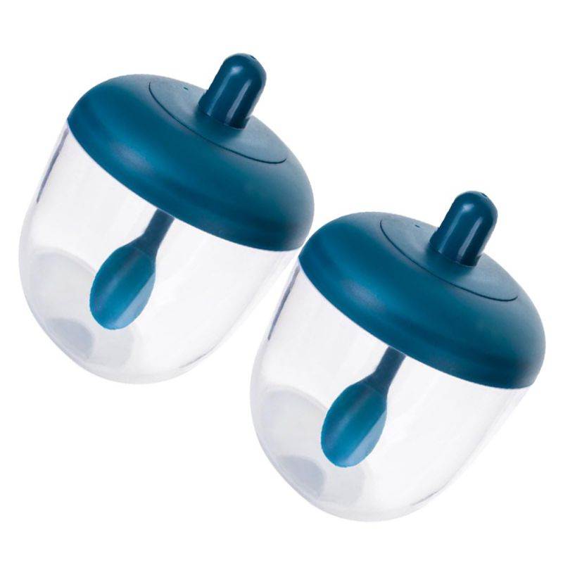 2Pcs Kitchen Seasoning Pot Glass Salt Box Household Seasoning Pot MONosodium Glutamate Sugar Bottle Seasoning Box With Spoon (Blue)