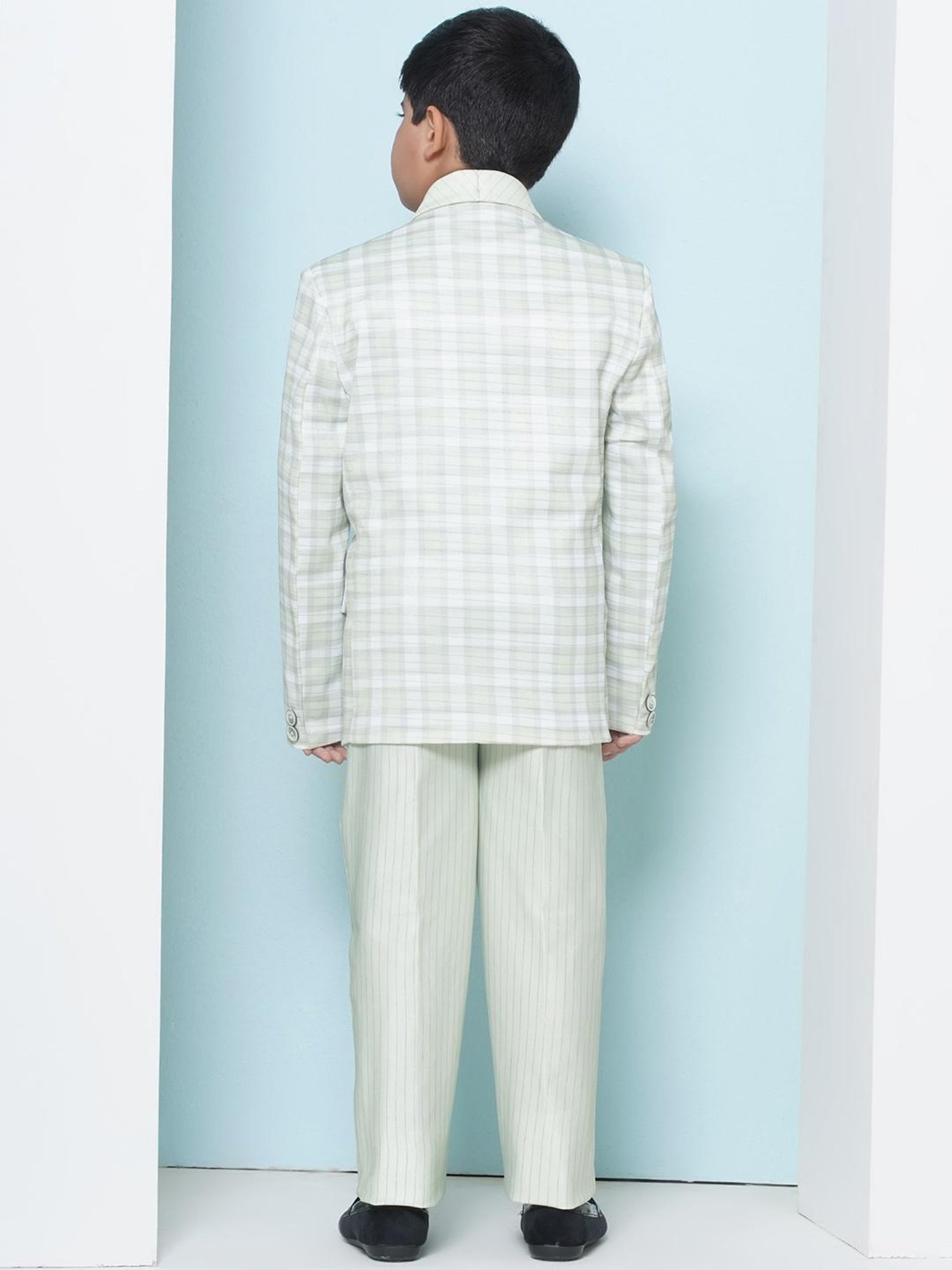 AJ Dezines Kids Sky Blue & Black Solid Full Sleeves Shirt, Pants, Coat, Waistcoat with Tie