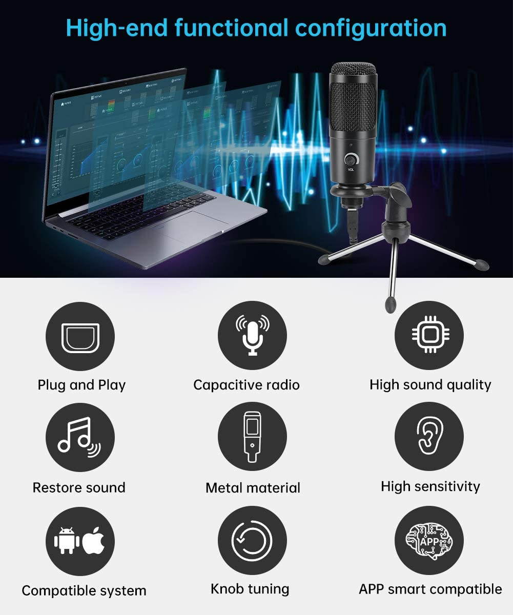 USB Microphone, Condenser Recording Microphone 192kHz/24bit Studio Cardioid Mic for PC, Laptop, Mac, Gaming, Podcast, Chatting, YouTube Videos, Voice Overs and Streaming