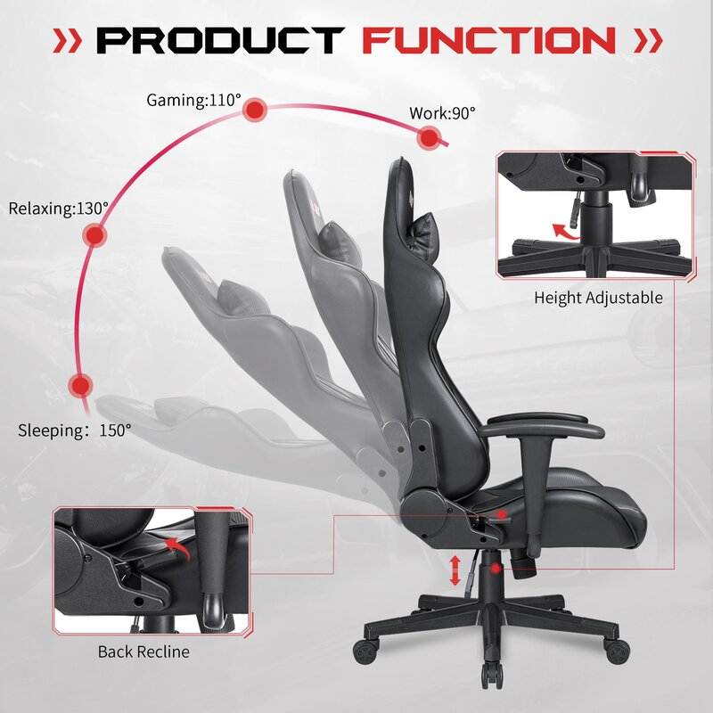 Furmax Gaming Office Chair Ergonomic High-Back Racing Style Adjustable Height Executive Computer Chair, PU Leather Swivel Desk Chair (Black/Grey)