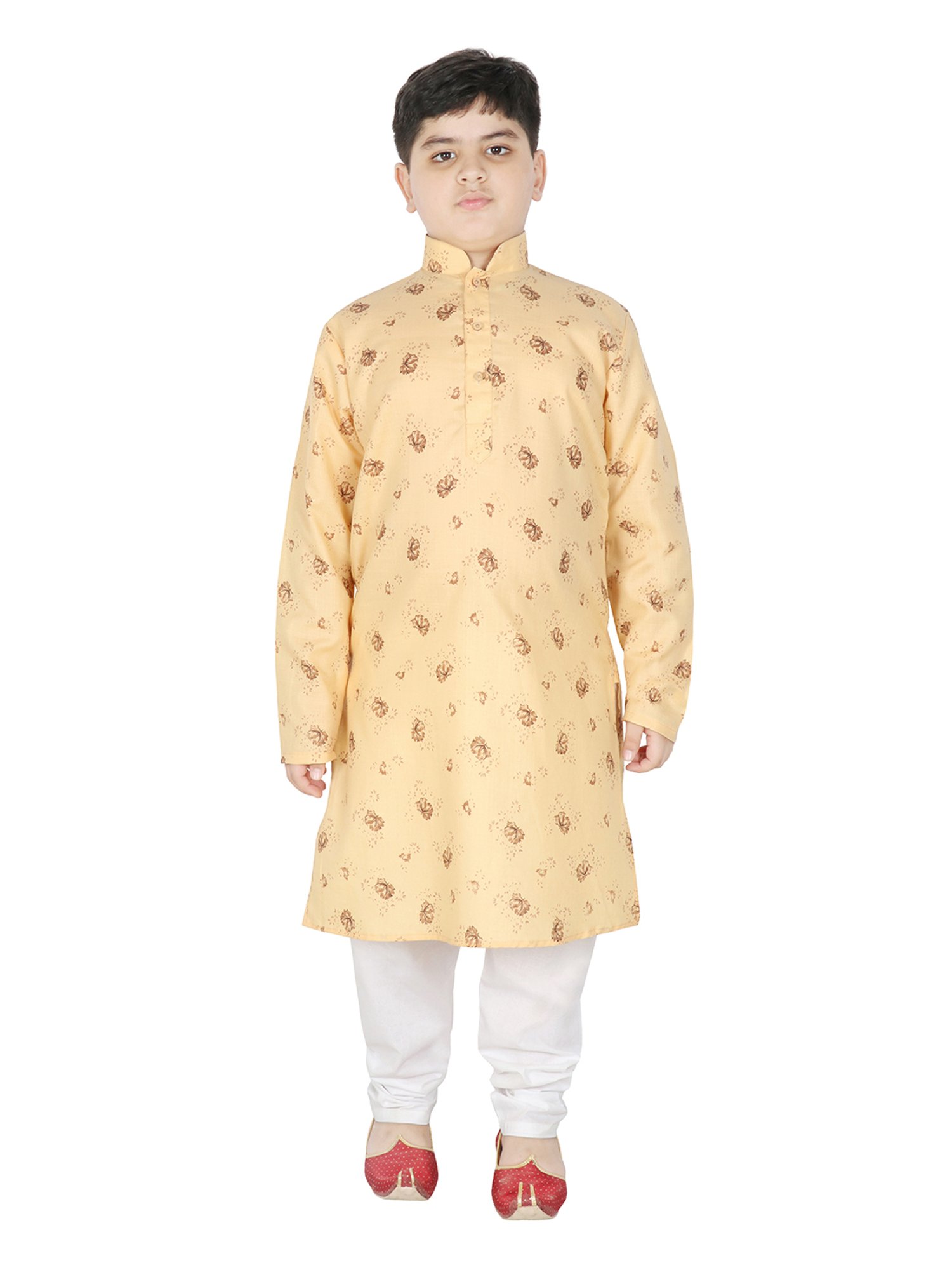 SG Yuvraj Kids Light Yellow & White Printed Full Sleeves Kurta with Pyjamas