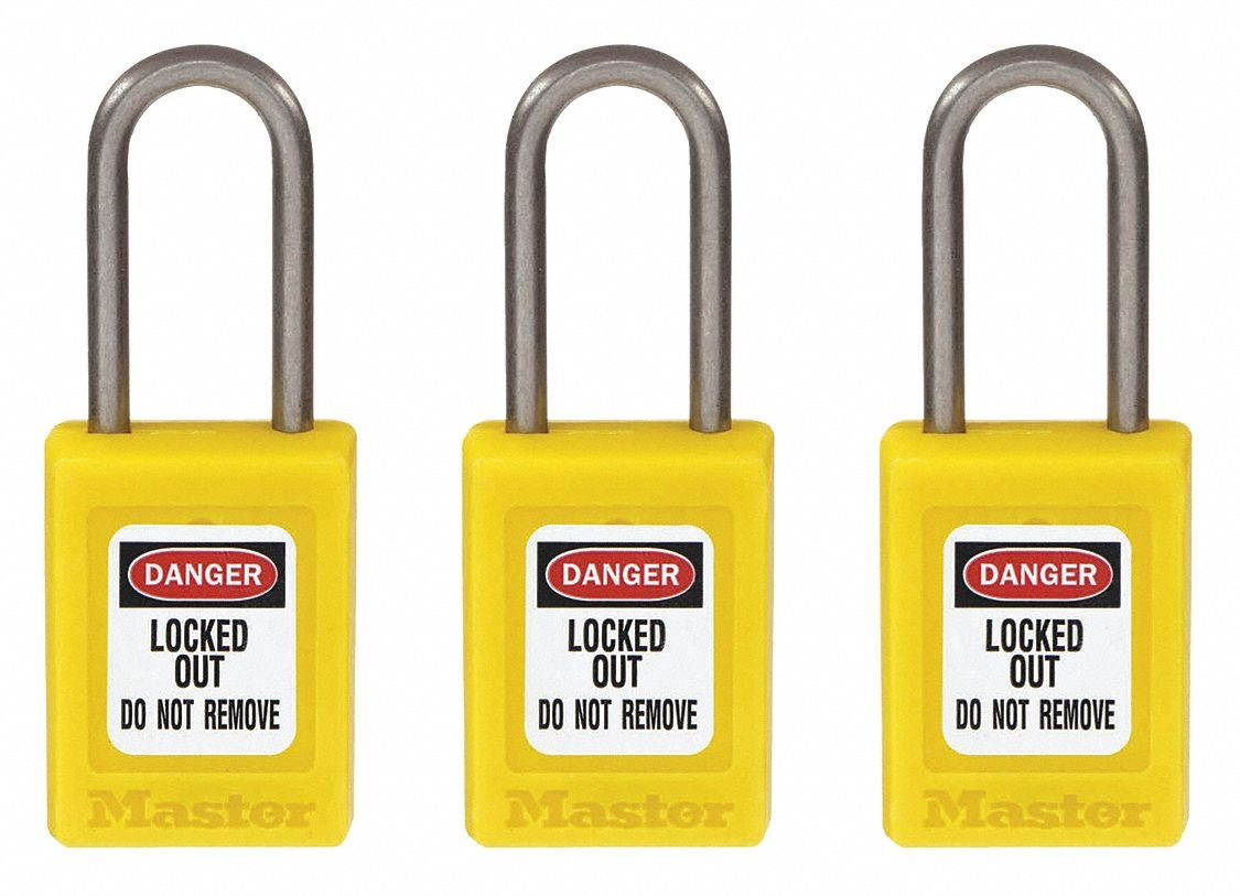 Lockout Padlock, Keyed Alike, Yellow, 3/16In., PK3