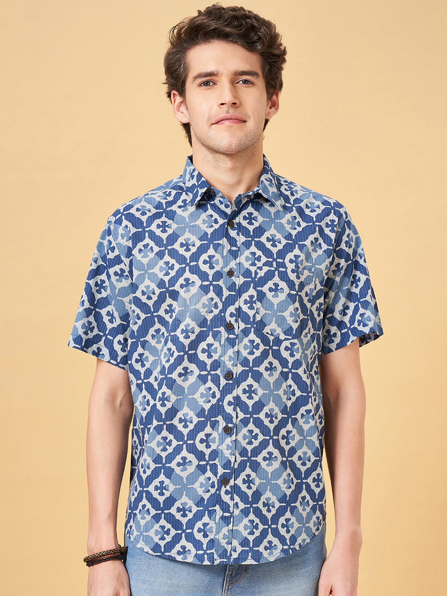 Indus Route by Pantaloons Dark Blue Regular Fit Printed Shirt