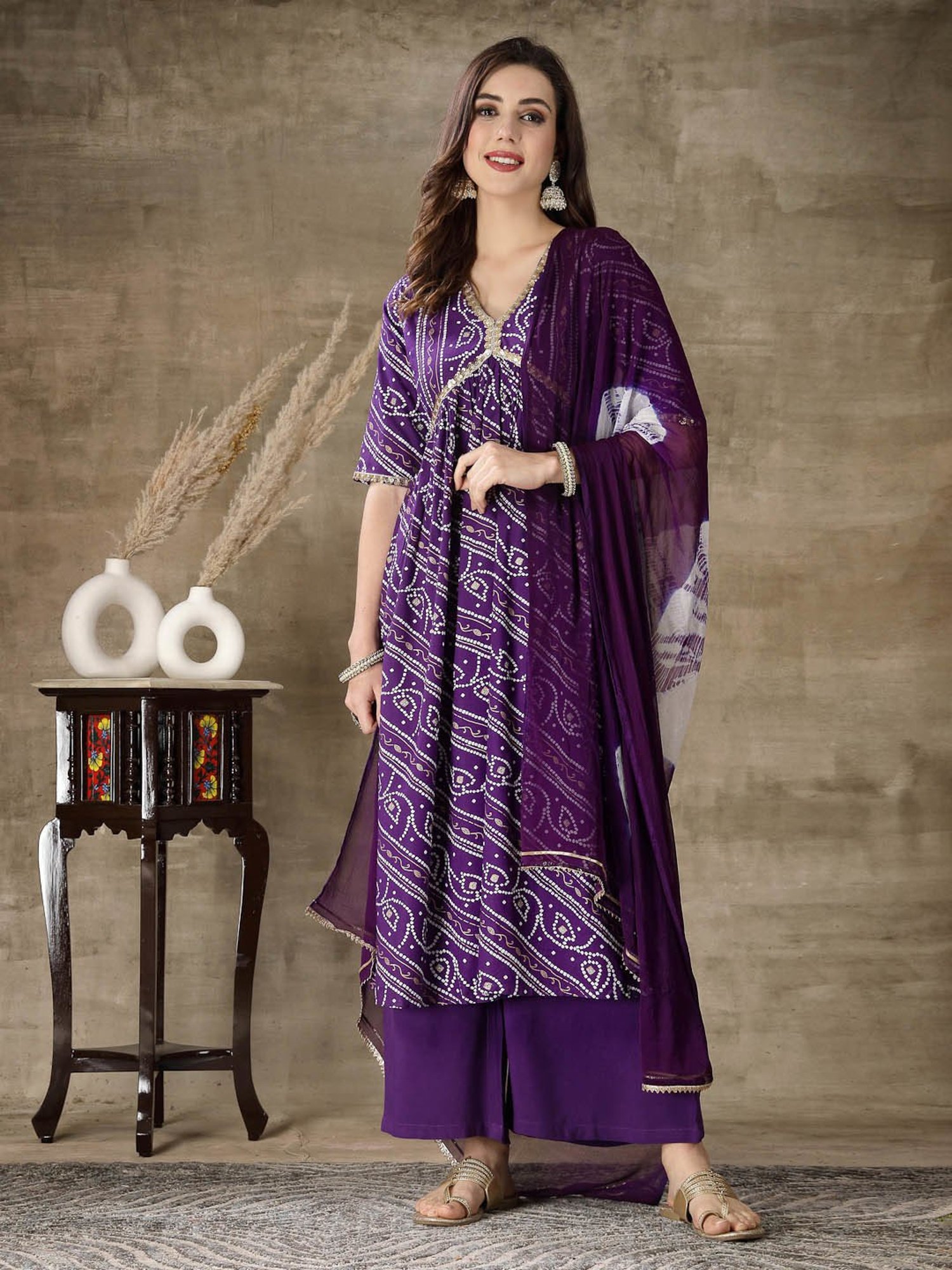 Stylum Violet Rayon Bandhani Print Kurta With Palazzo & Dupatta