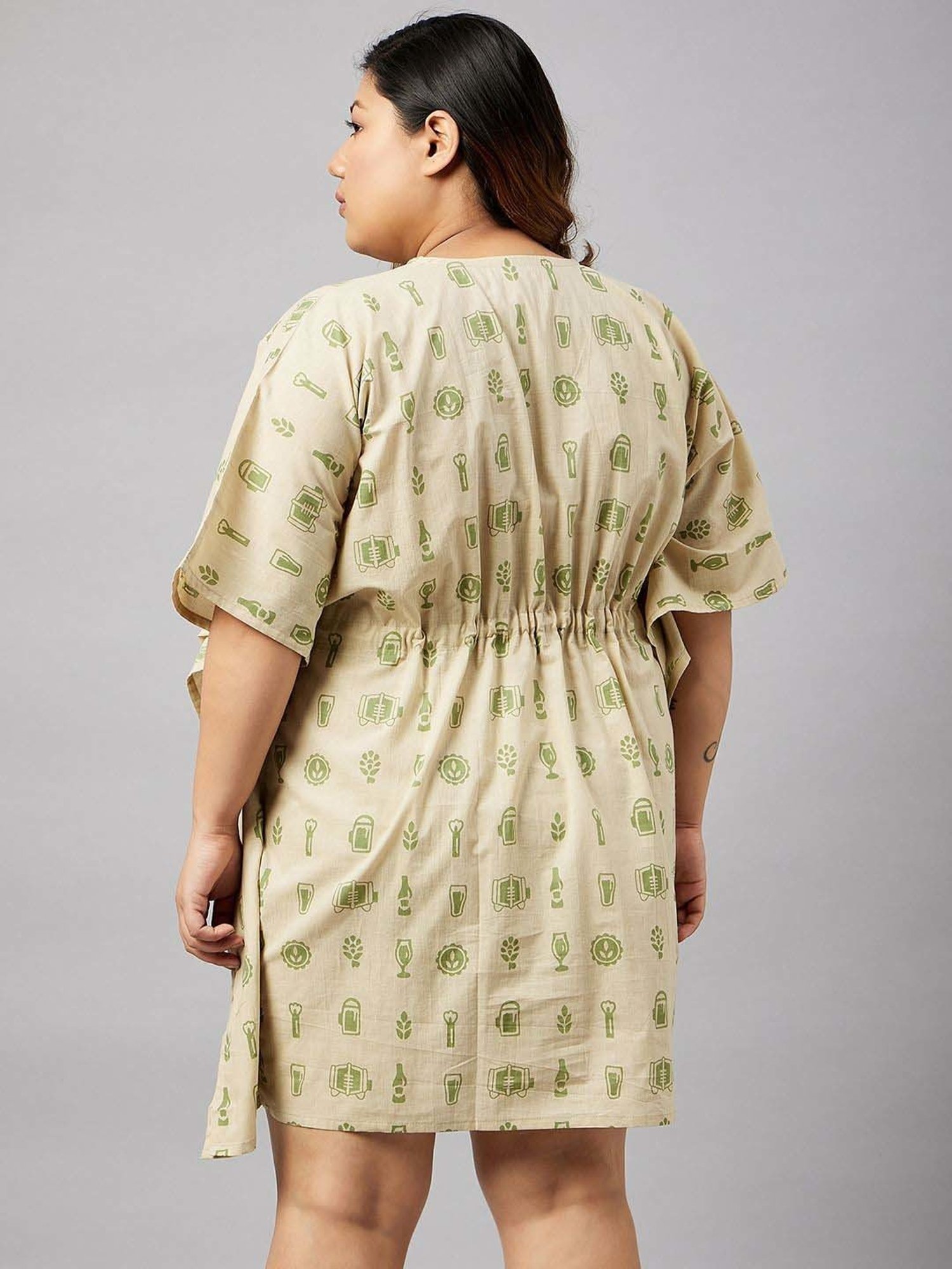 Secrets By ZeroKaata Beige Cotton Printed Kaftan