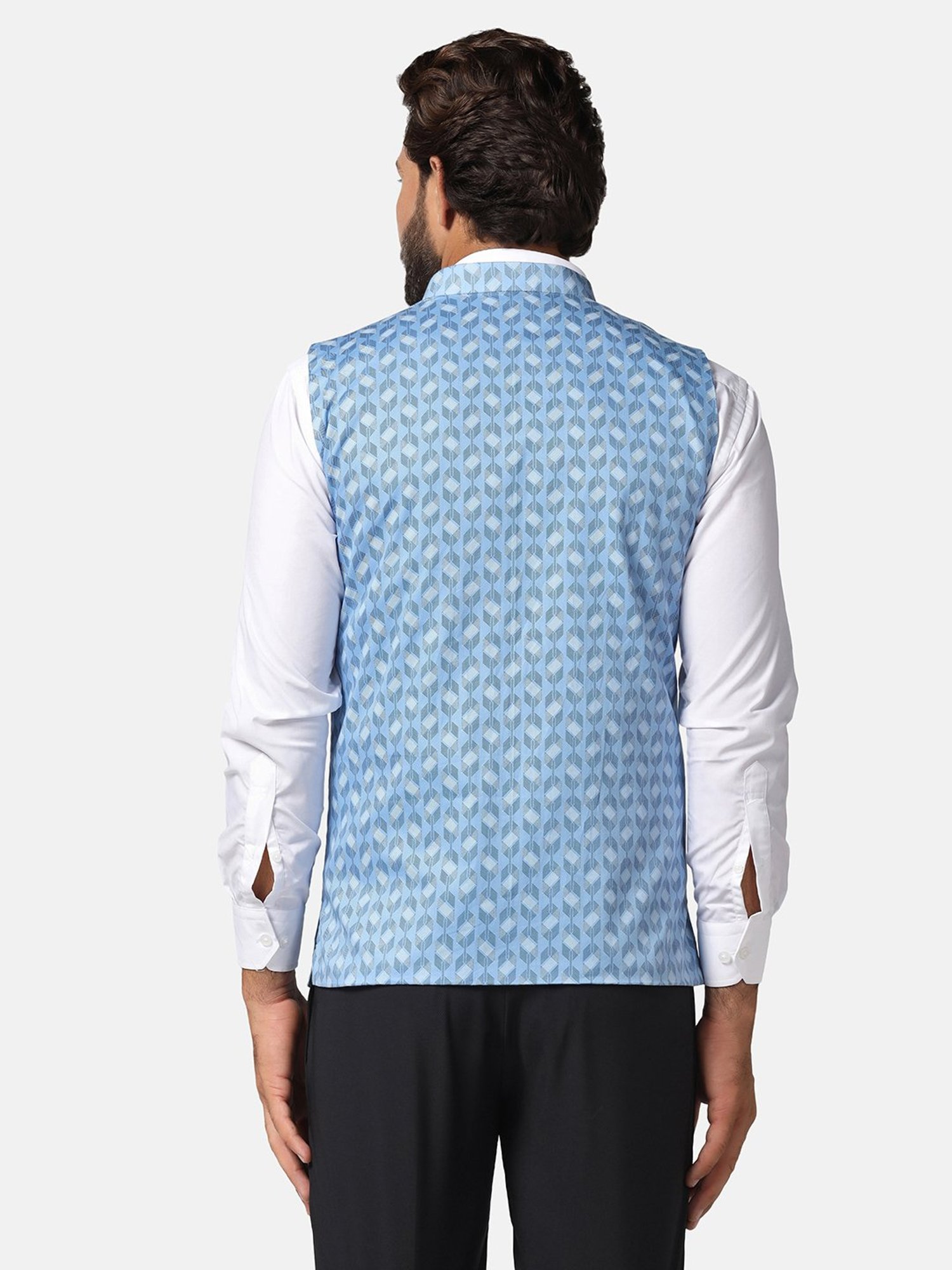 TAHVO Light Blue Slim Fit Printed Nehru Jacket