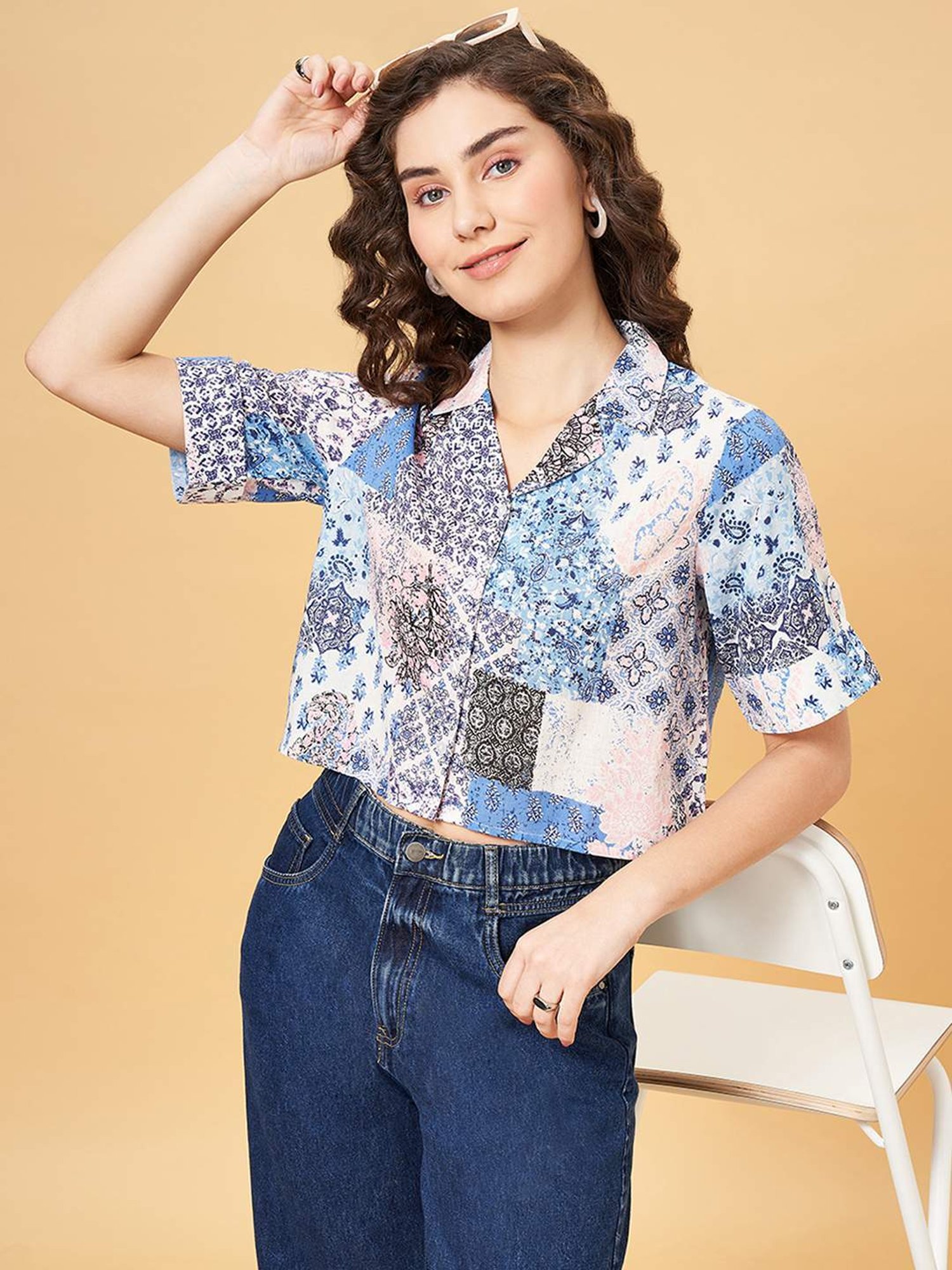 YU by Pantaloons Blue Cotton Printed Top