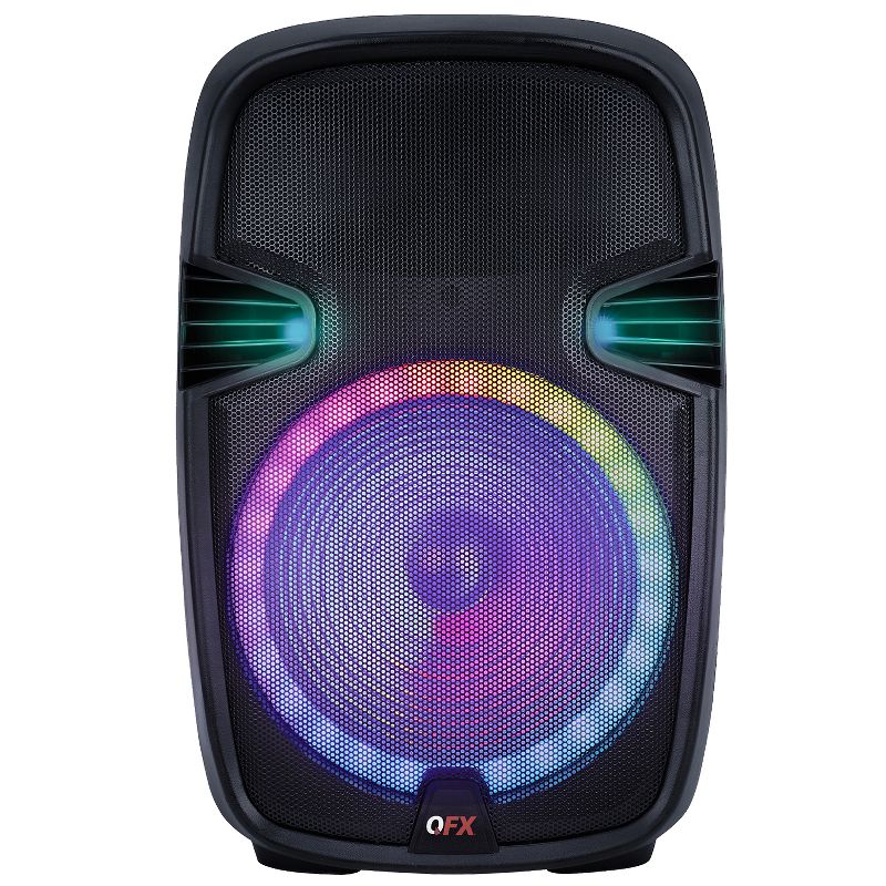 QFX PBX-153SM 15 Inch Rechargeable Bluetooth Portable Party Speaker System with LED Lights, Microphone, Stand, and Remote Control