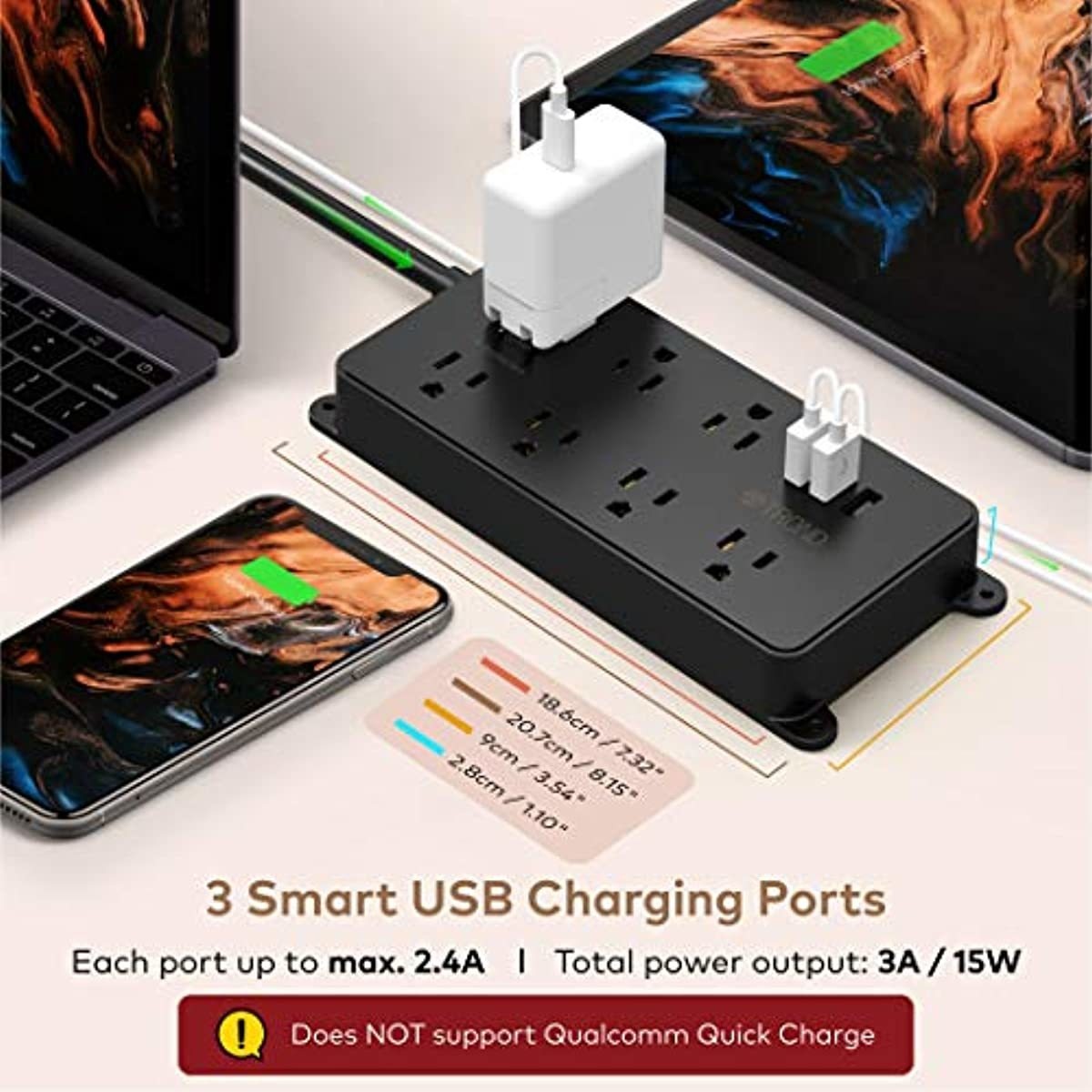 Power Strip Surge Protector with USB, ETL Listed, TROND Flat Plug Extension Cord Long 10ft, Wall Mountable, 7 Widely-Spaced Outlets & 3 USB Ports, 1700 Joules, Black