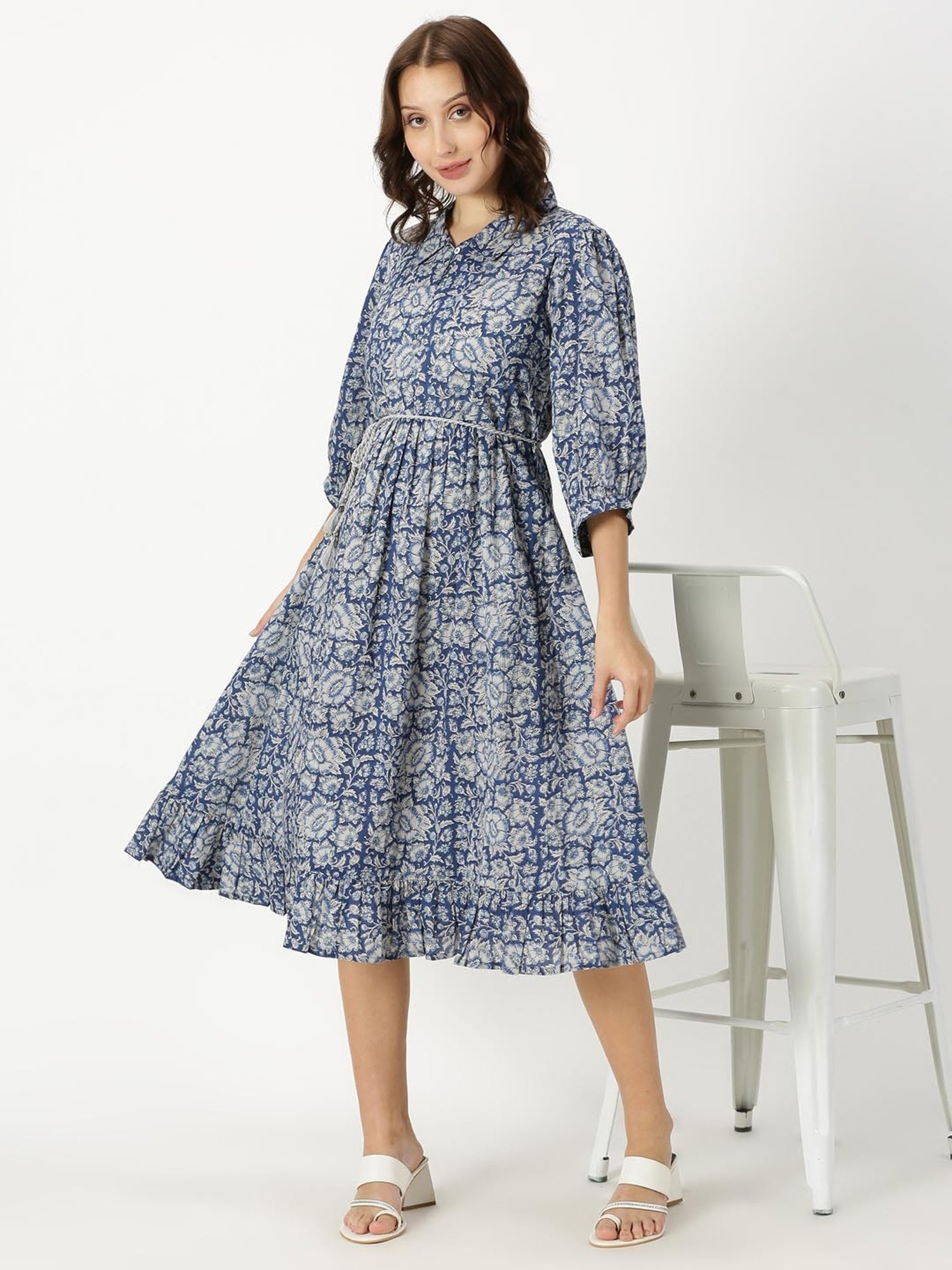 Saffron Threads Blue Cotton Floral Print Ethnic Dress