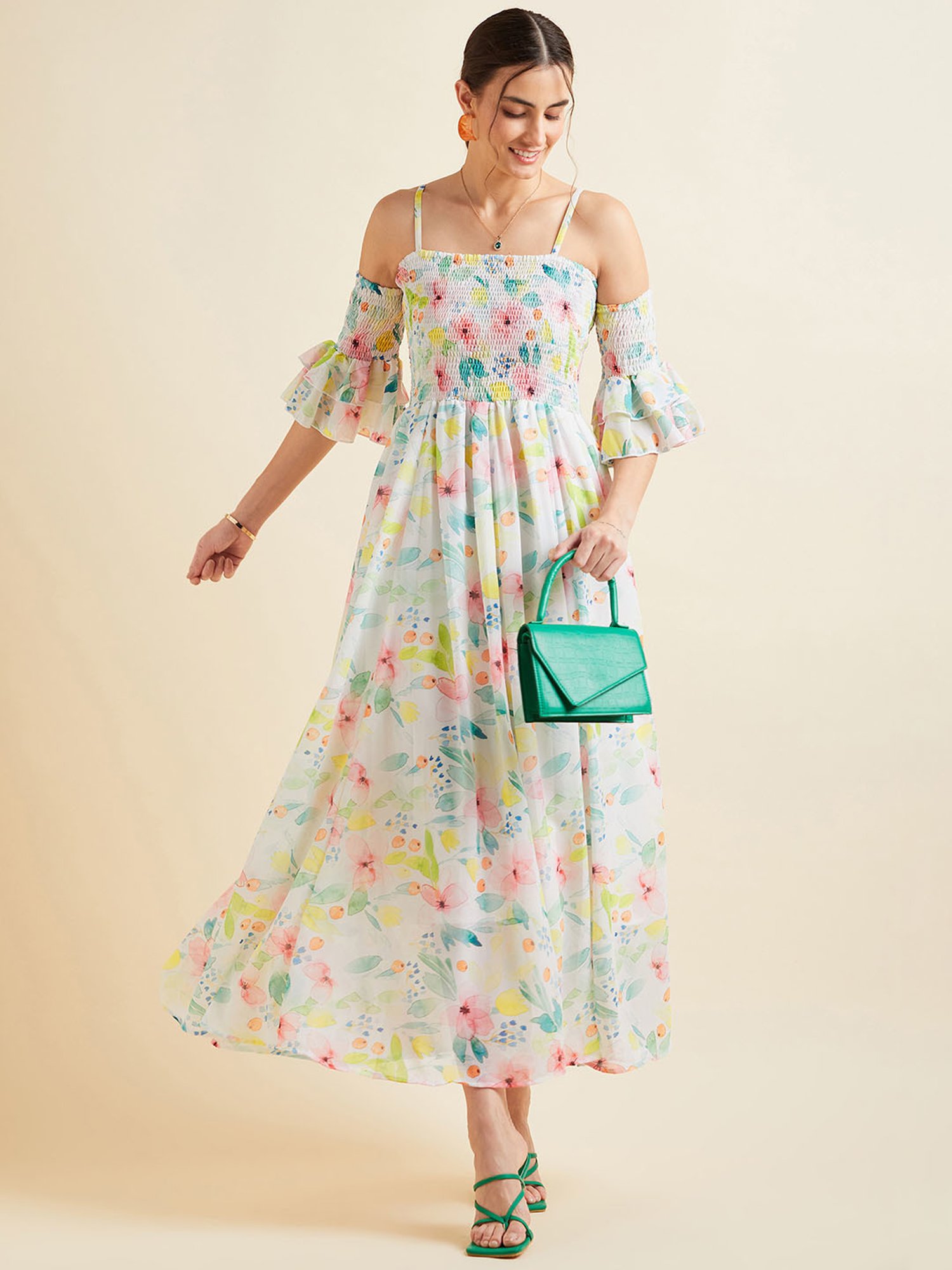 Saffron Threads Black Cotton Floral Print Ethnic Dress