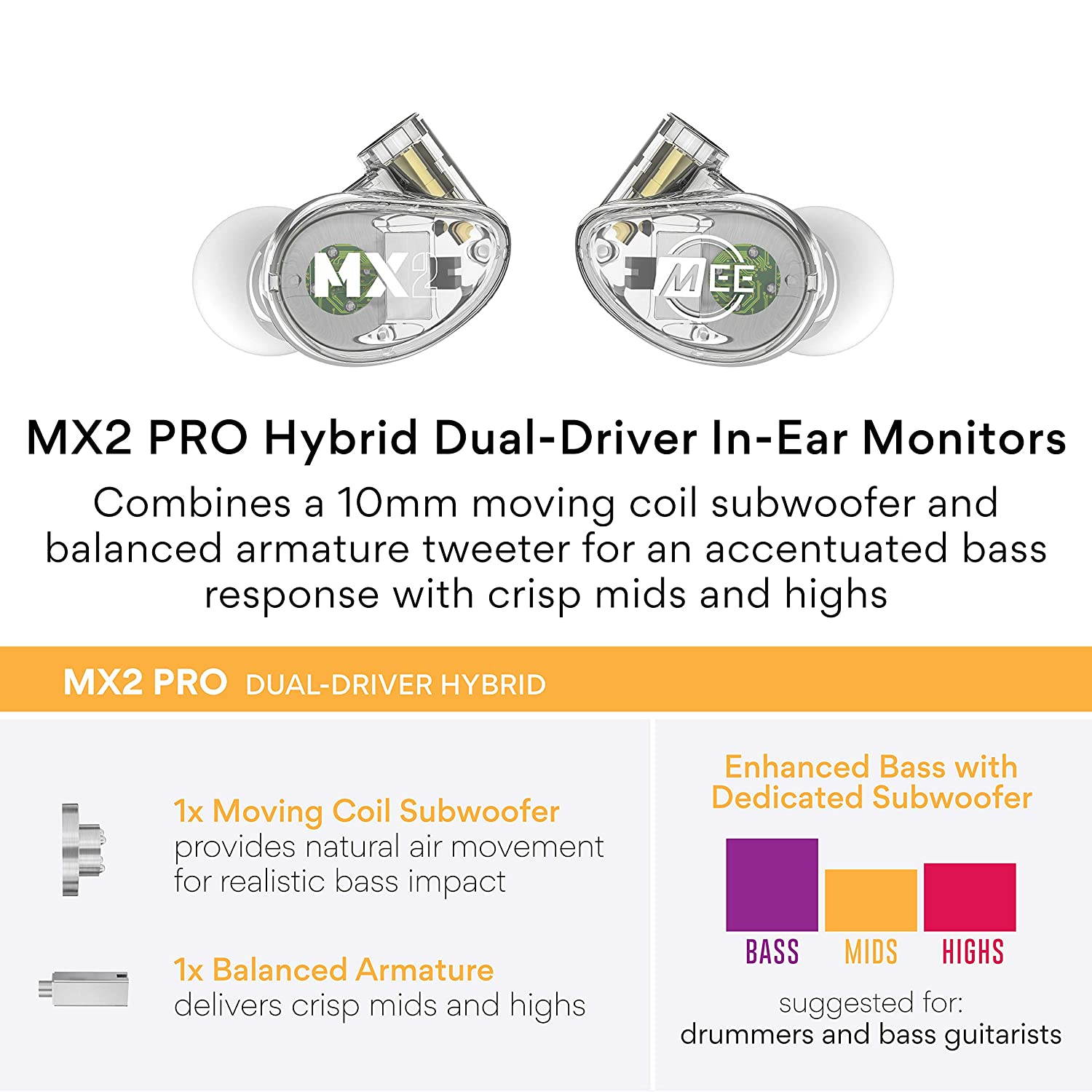 MEE Professional MX2 PRO Customizable Noise-Isolating Universal-Fit Modular Musician&rsquo;s in-Ear Monitors (Clear)