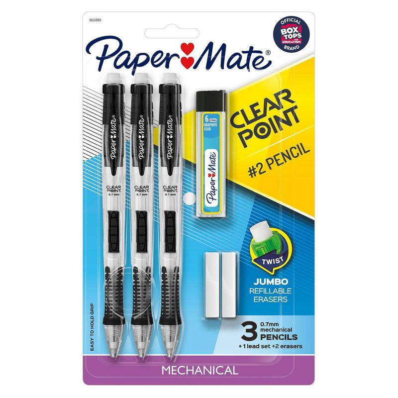 3pk #2 Mechanical Pencils with Lead/Eraser Refill ClearPoint Black Barrels .7mm - PaperMate