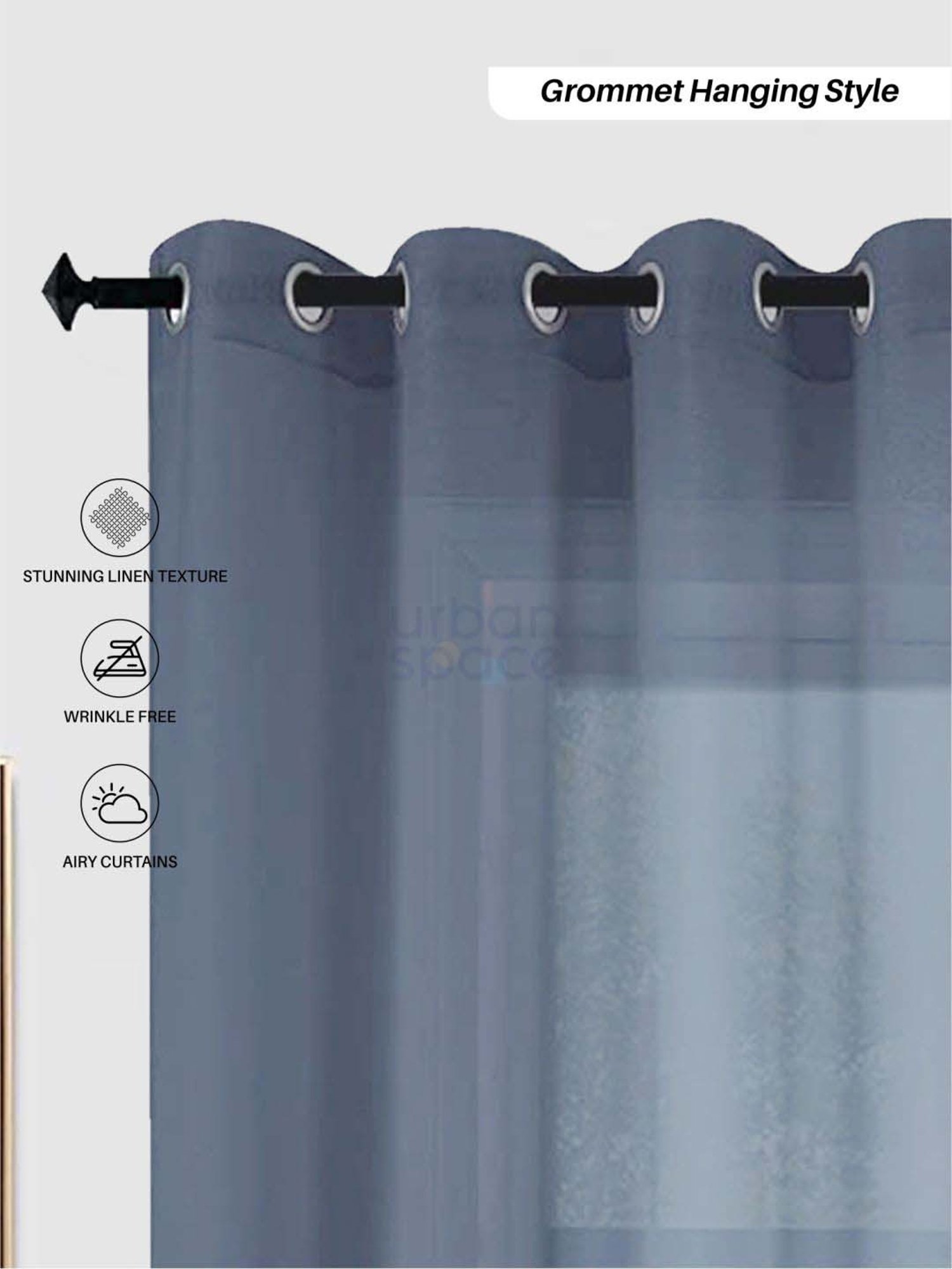 Urban Space Blue Polyester Window Curtain With Tieback & Eyelet - Set of 2