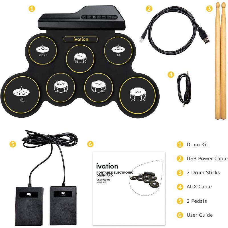 Ivation Portable Electronic Drum Pad - Digital Roll-Up Touch Sensitive Drum Practice Kit - 7 Labeled Pads 2 Foot Pedals Kids Children Beginners (No Speakers/AAA Battery Operated)