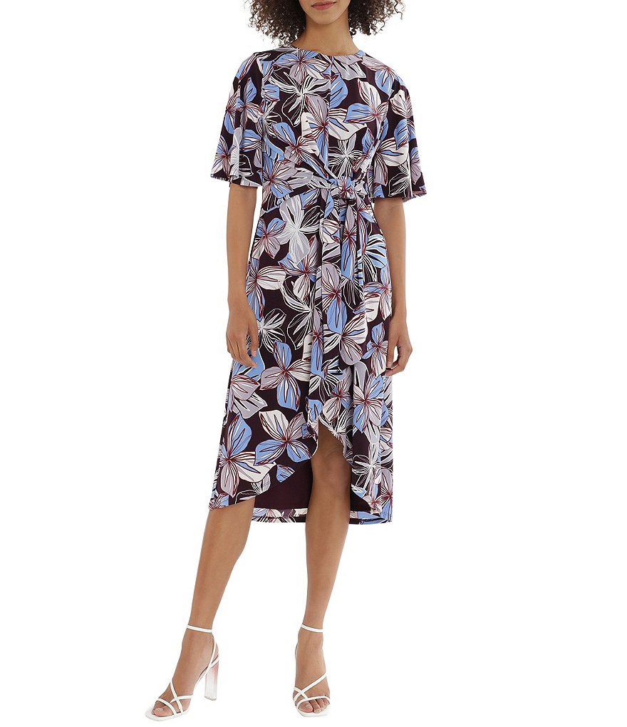 Maggy London Petite Size Floral Printed Short Flutter Sleeve High-Low Wrap Dress