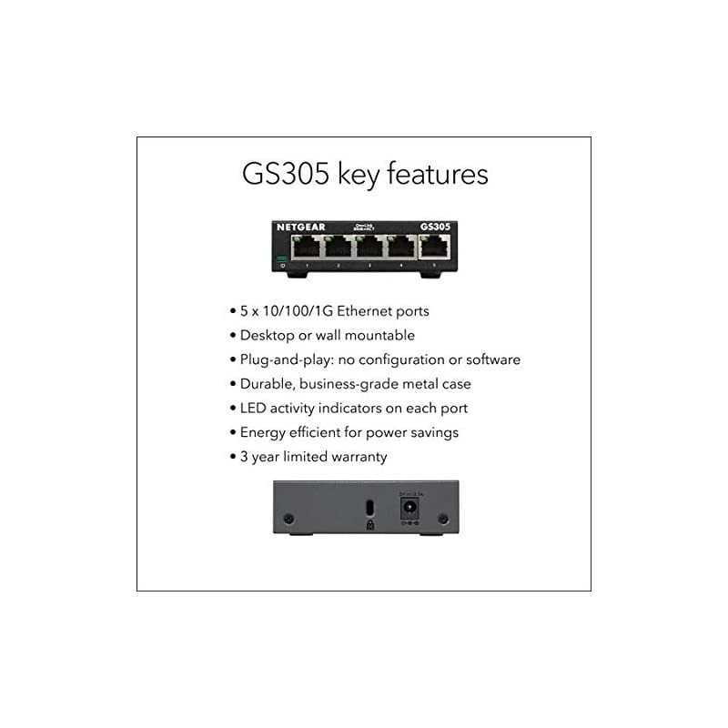5Port Gigabit Ethernet Unmanaged Switch GS305 Home Network Hub Office Ethernet Splitter PlugandPlay Fanless Metal Housing Desktop or Wall Mount